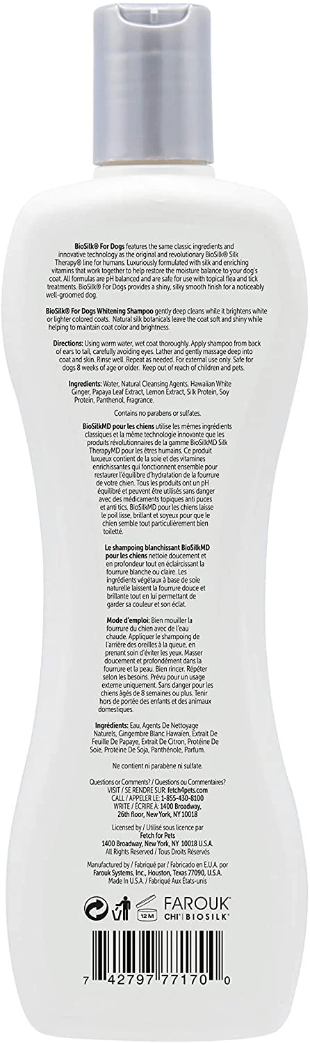BioSilk for Dogs Silk Therapy Whitening Shampoo | Best Brightening for White Dogs to Keep A Clean, White Coat, 12 Oz Shampoo Bottle for All Dogs