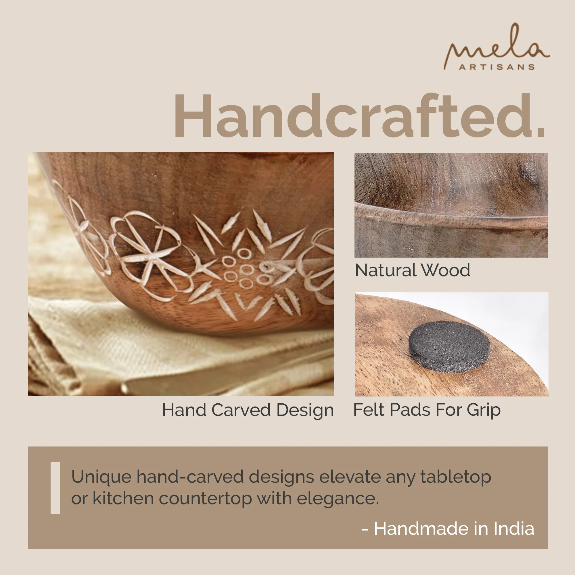 Mela Artisans Hand Carved Small Wooden Serving Bowl - Natural Over White, 6