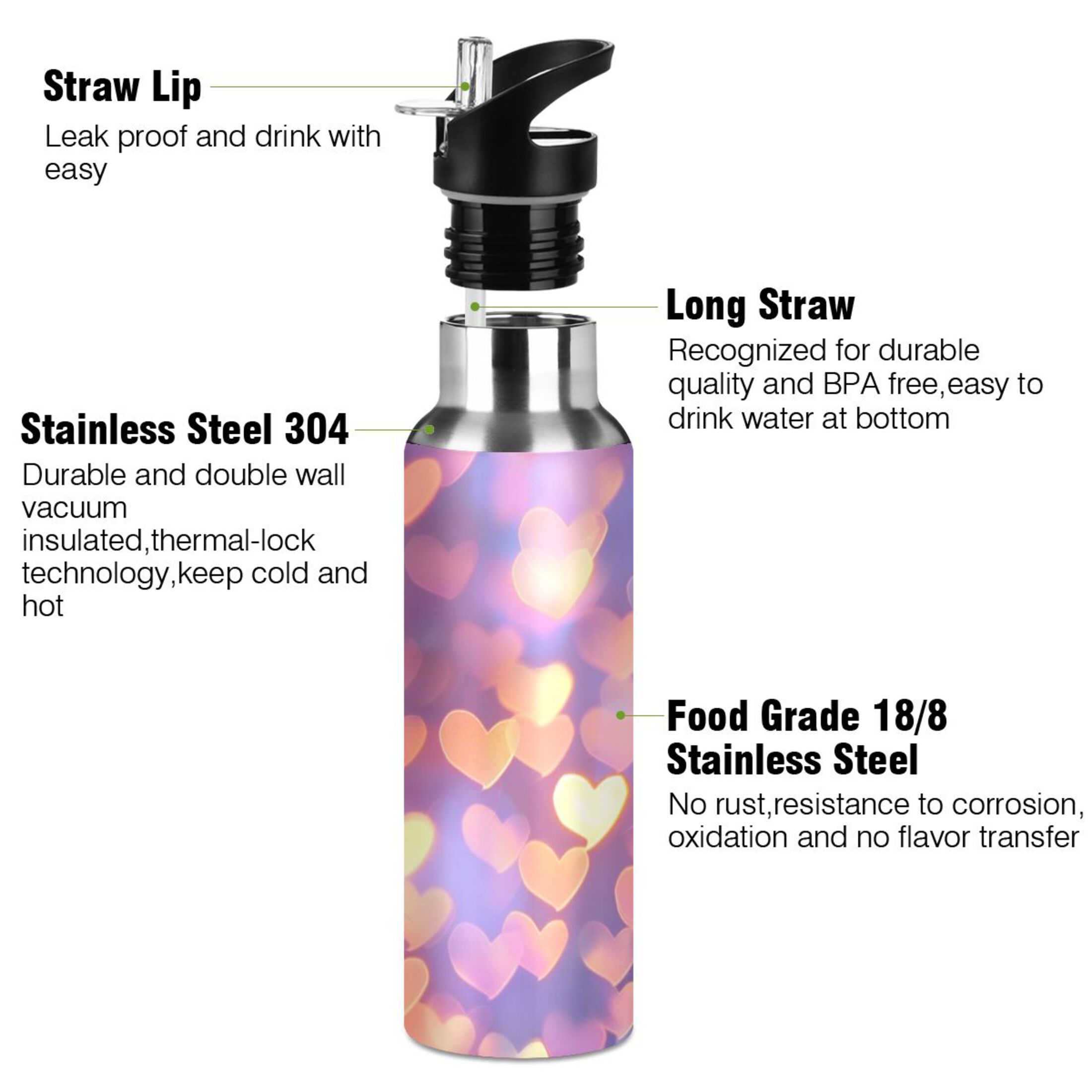 Shiny Hearts Water Bottles Insulated Thermos Kids Stainless Steel Bottle with Straw Lid Flask Leakproof for Sports Gym 20 oz