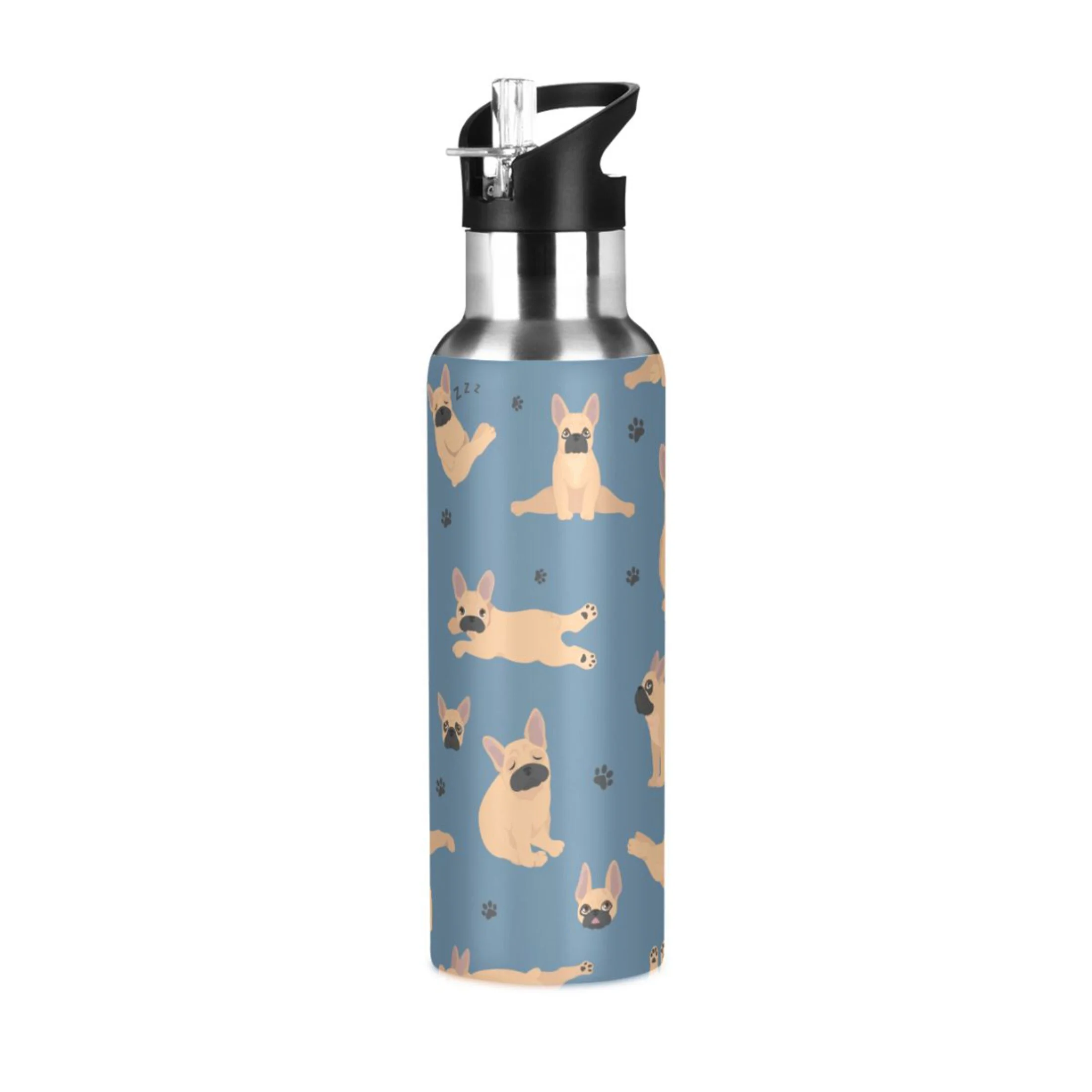 Water Bottle with Straw Lid Leak Dog on Blue Stainless Steel Insulated Thermos Vacuum Flask for Cold Hot Drinking for Sports Camping Gym Yoga