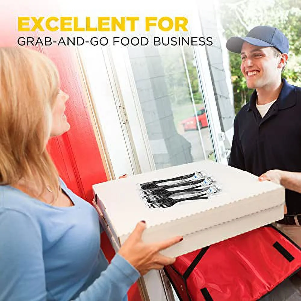 [75 Pack] Individually Wrapped Utensils - Prepackaged Black Plastic Cutlery Set with Disposable Spoon, Fork, Knife, Napkin, Salt and Pepper Packets - Prewrapped to Go Silverware Utensil Packs