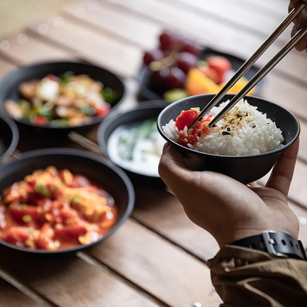 CAMPINGMOON Stainless Steel Ti-coated Tableware Set Portable dinnerware Kit Camping Picnic BBQ Bowl and Plate Kits with Storage Bag