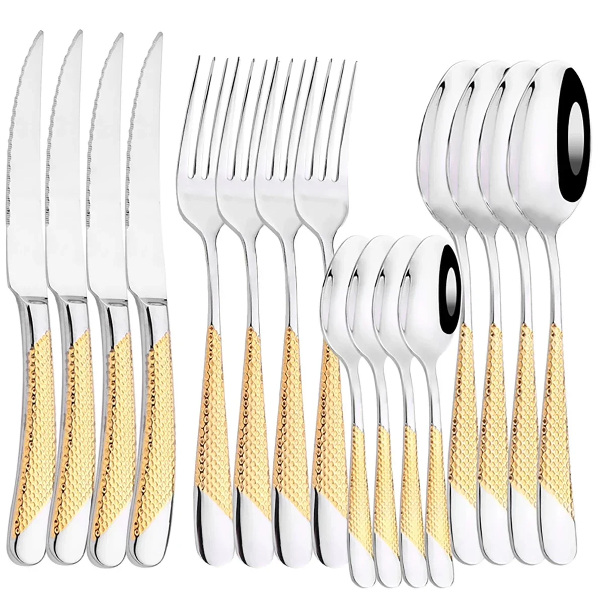 16Pcs Dinnerware Sliver Stainless Steel Cutlery Gold Plated Western Tableware Dinner Set Mirror Knife Fork Spoon Dishwasher Safe Rainbow 16Pcs