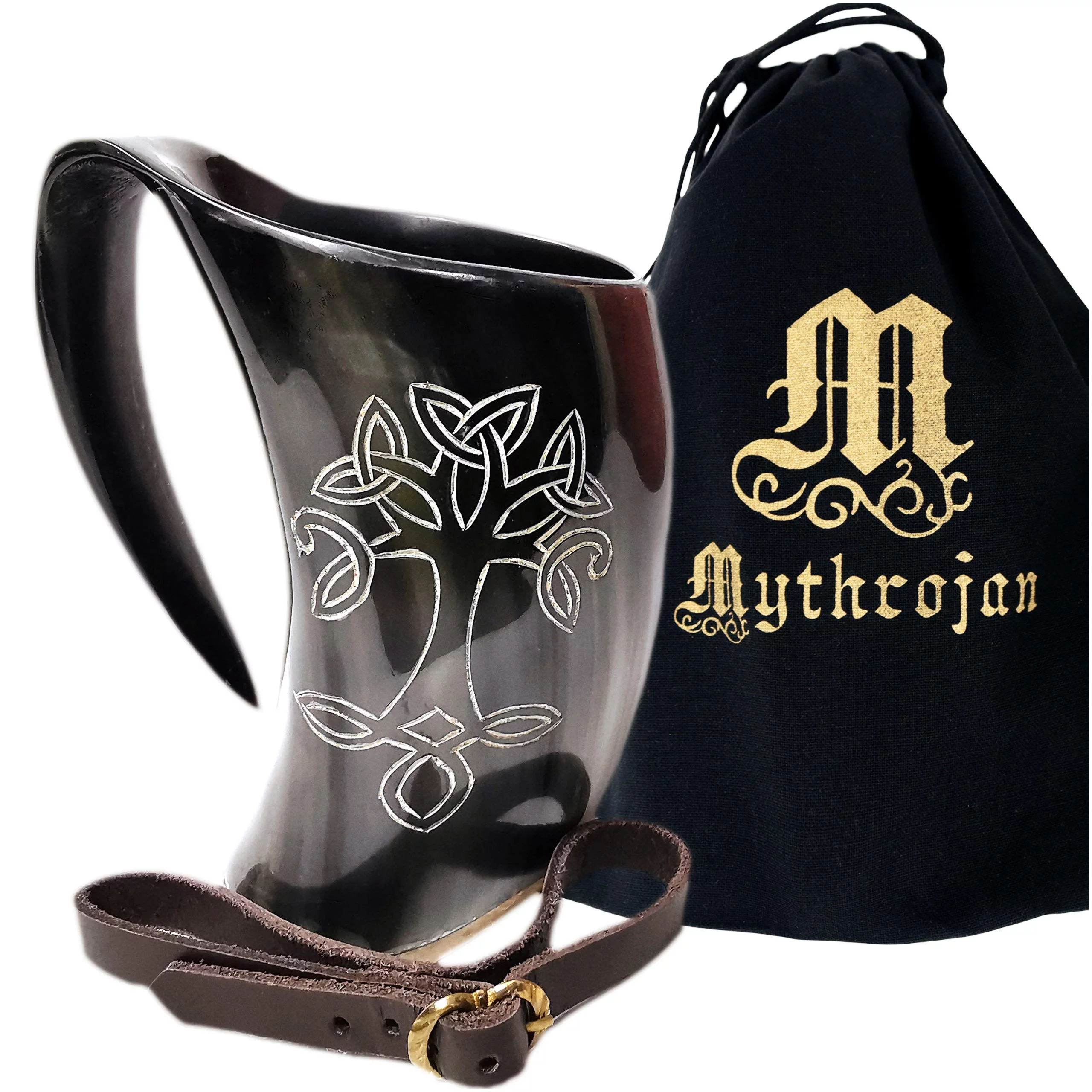 Mythrojan Viking Drinking Horn Tankard Tree of Life with Leather Strap - Wine Beer Mead Mug 600ML