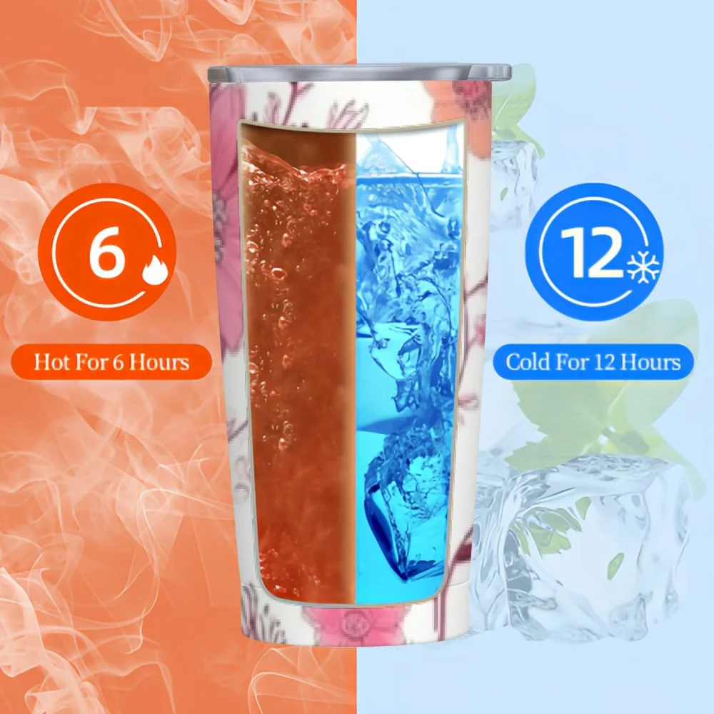 GOSMITH Pink Blooming Tree Branches Apple Tree Water Bottle with Straw Lid Vacuum Insulated Stainless Steel Thermo Flask Water Bottle