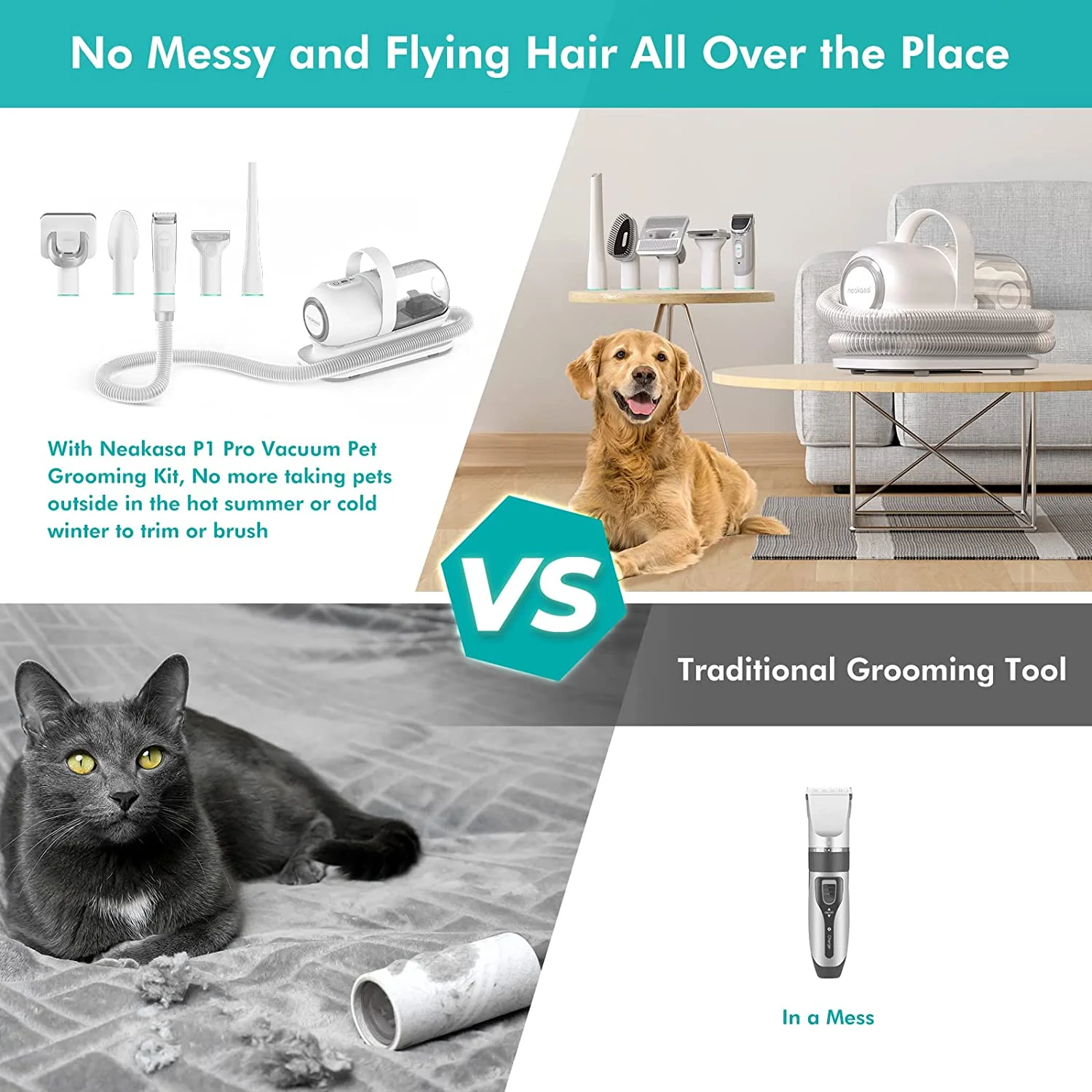 Neakasa by neabot P1 Pro Pet Grooming Kit & Vacuum Suction 99% Pet Hair, Dog Grooming Kit with 5 Professional Grooming Shedding Tools for Dogs Cats and Other Animals