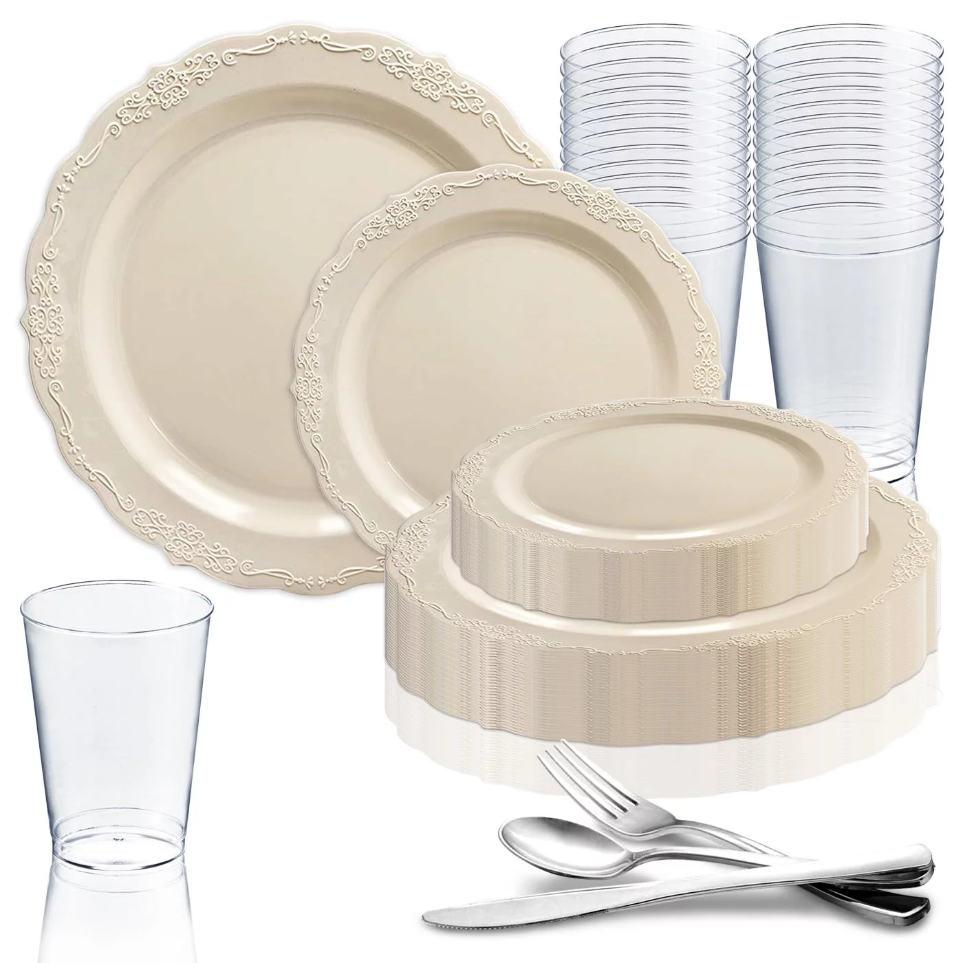 Smarty Ivory Vintage Disposable Plastic Wedding Value Set (60 Guests)