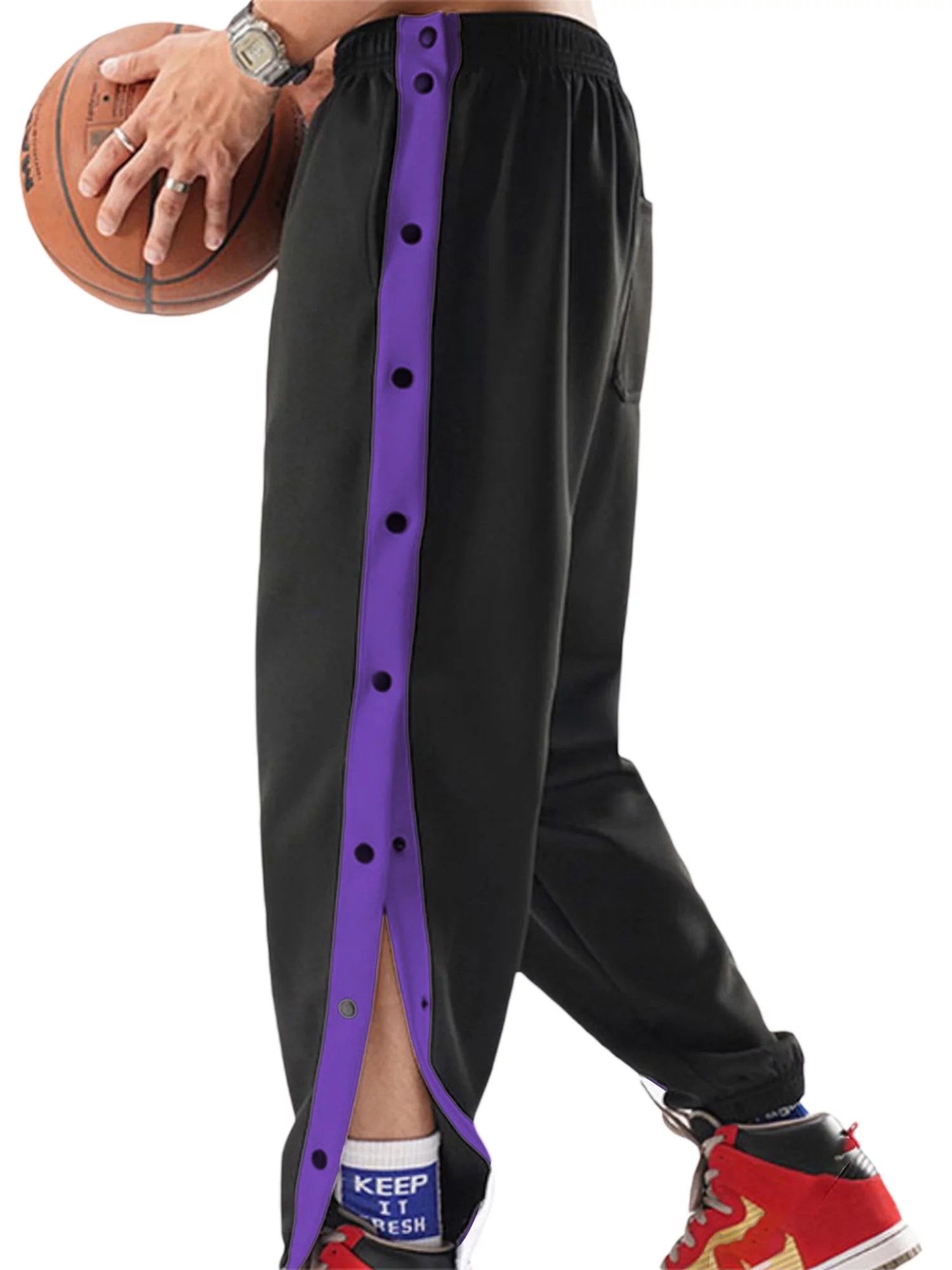 Men's Tear Away Pants, Basketball Pants Split Snap Button Sweatpants