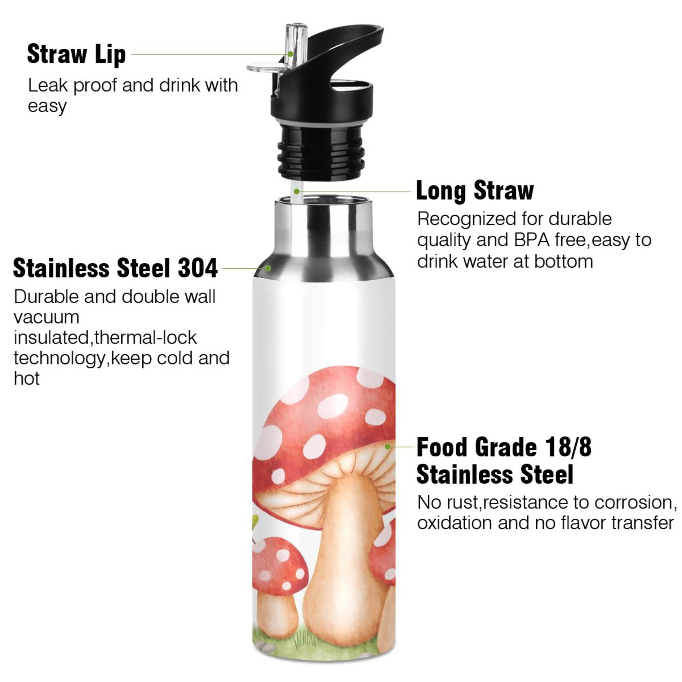 Water Bottle with Straw Lid Leak Red Mushrooms Stainless Steel Insulated Thermos Vacuum Flask for Cold Hot Drinking for Sports Camping Gym Yoga
