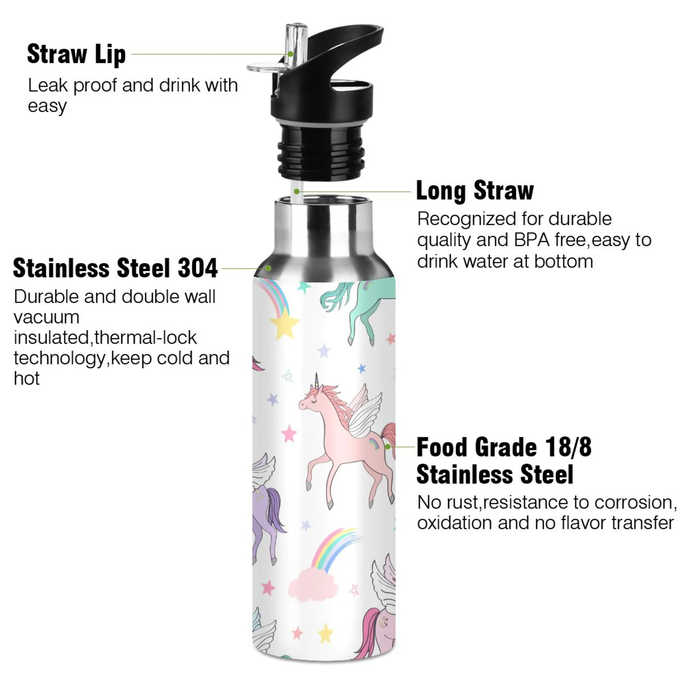 Water Bottle with Straw Lid Leak Unicorns Pegacorns Flying Stainless Steel Insulated Thermos Vacuum Flask for Cold Hot Drinking for Sports Camping Gym Yoga