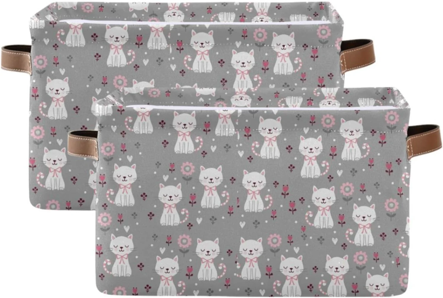 Coolnut 1 Pack Fabric Storage Basket Cute Cat Flower Closet Storage Bins with Handles Foldable Baskets for Shelves Toy Organizer Home Office Decor Gifts