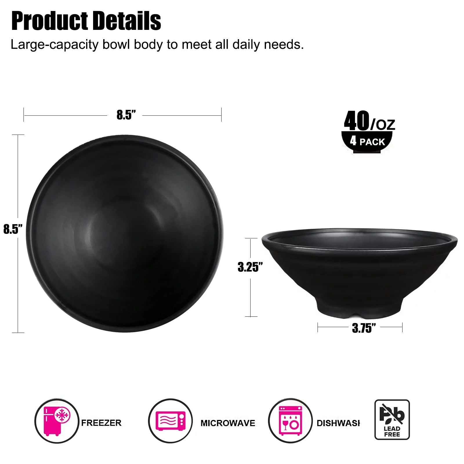 Loobuu Unbreakable Plastic Japanese Style Ramen Bowl Set of 4 - 44 oz Large Ramen Bowls for Pho Thai Miso Udon Soup Noodles - Dishwasher Safe & BPA free Bowl Set for Family (Black)