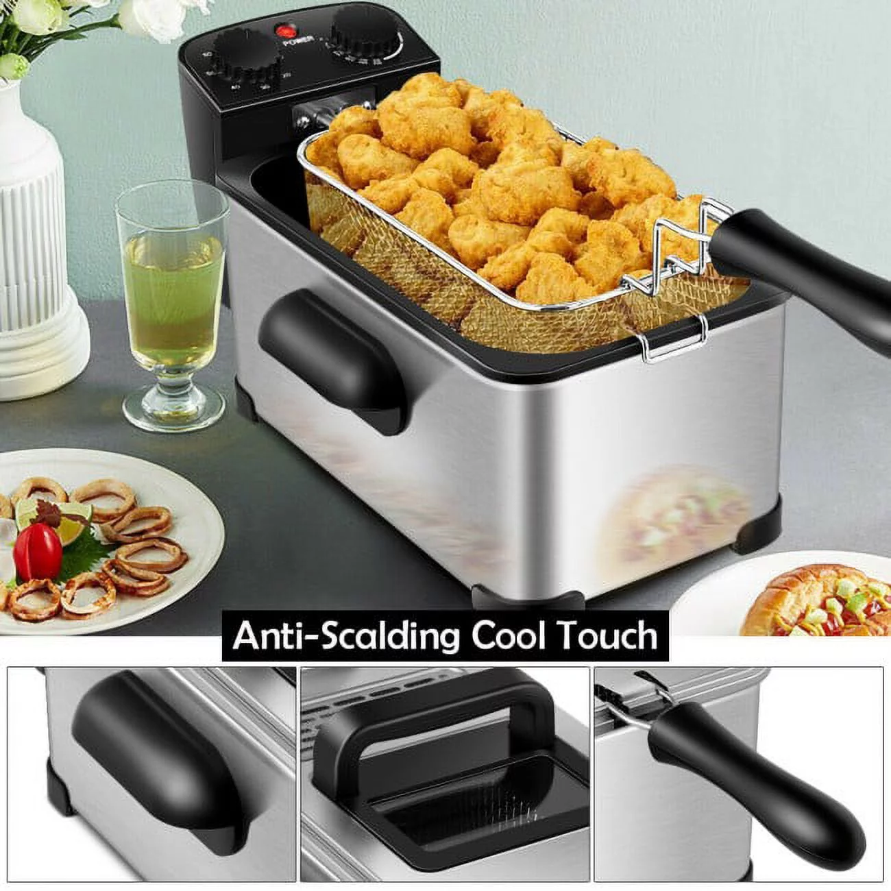 SUGIFT 3.2 Quart Professional Grade Electric Deep Fryer with Timer, Lid with View Window, 1700W, Stainless Steel