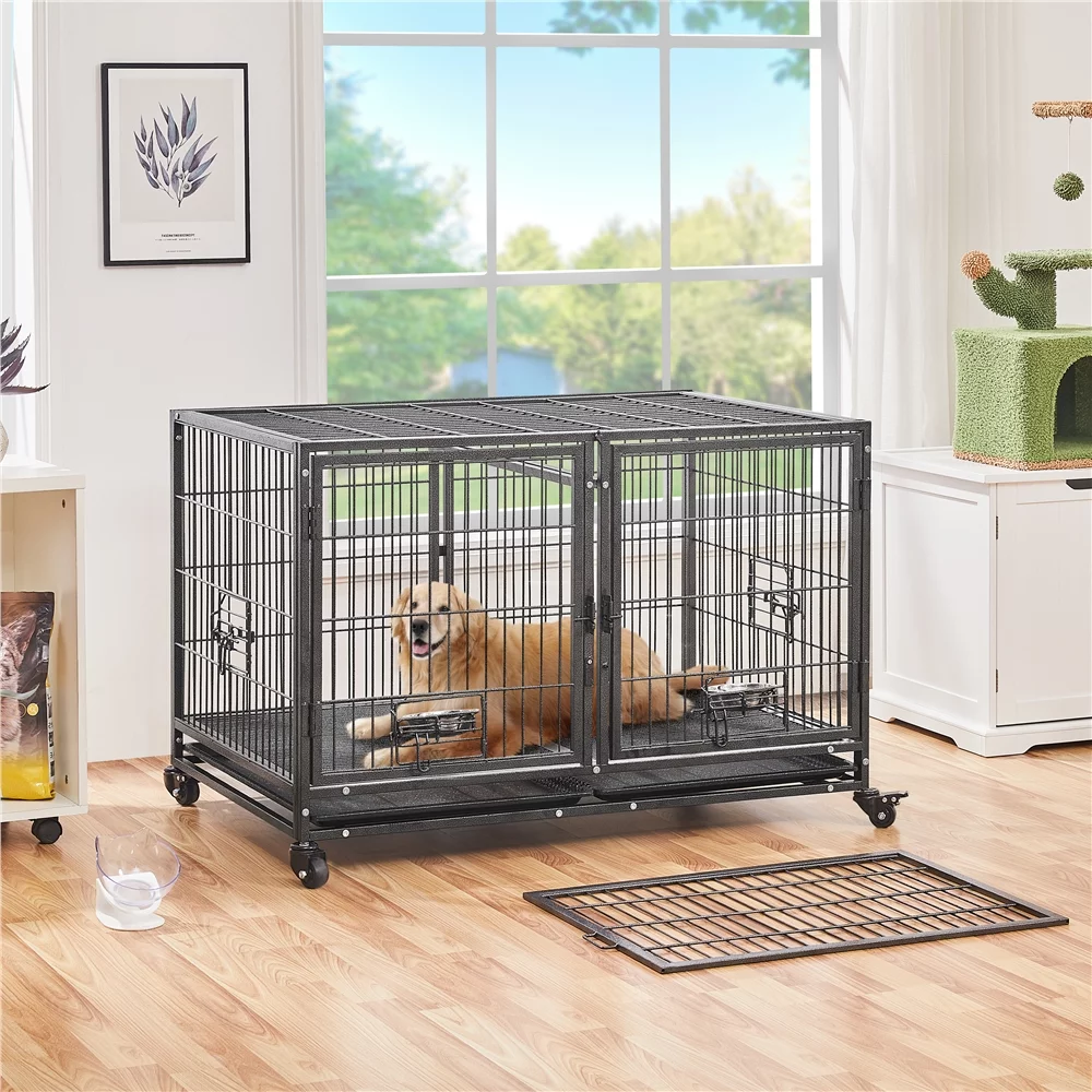 Yaheetech 42.5'' W Rolling Dog Crate W/ Removable Divider, Black