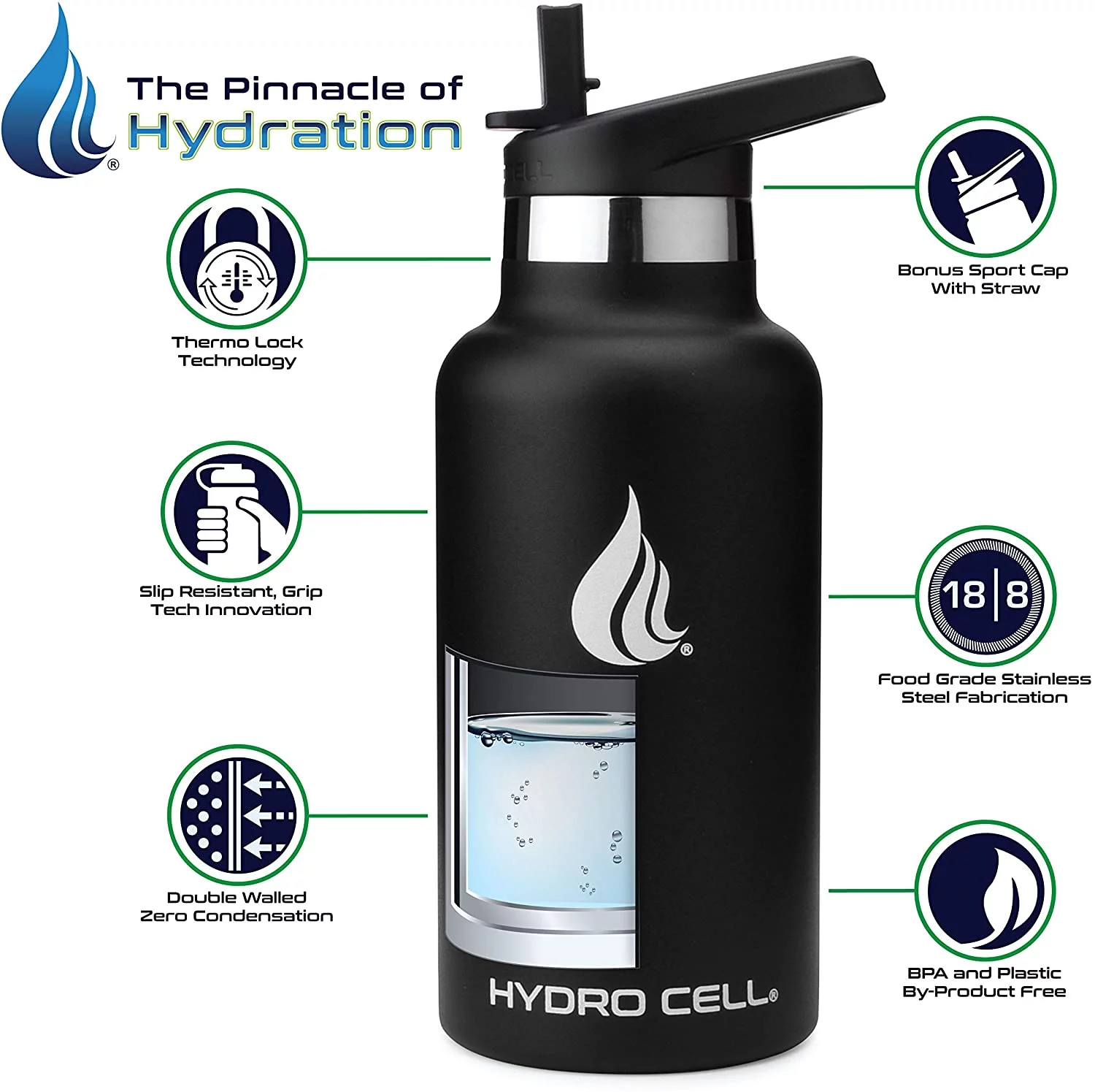 HYDRO CELL Stainless Steel Water Bottle w/Straw & Standard Mouth Lids