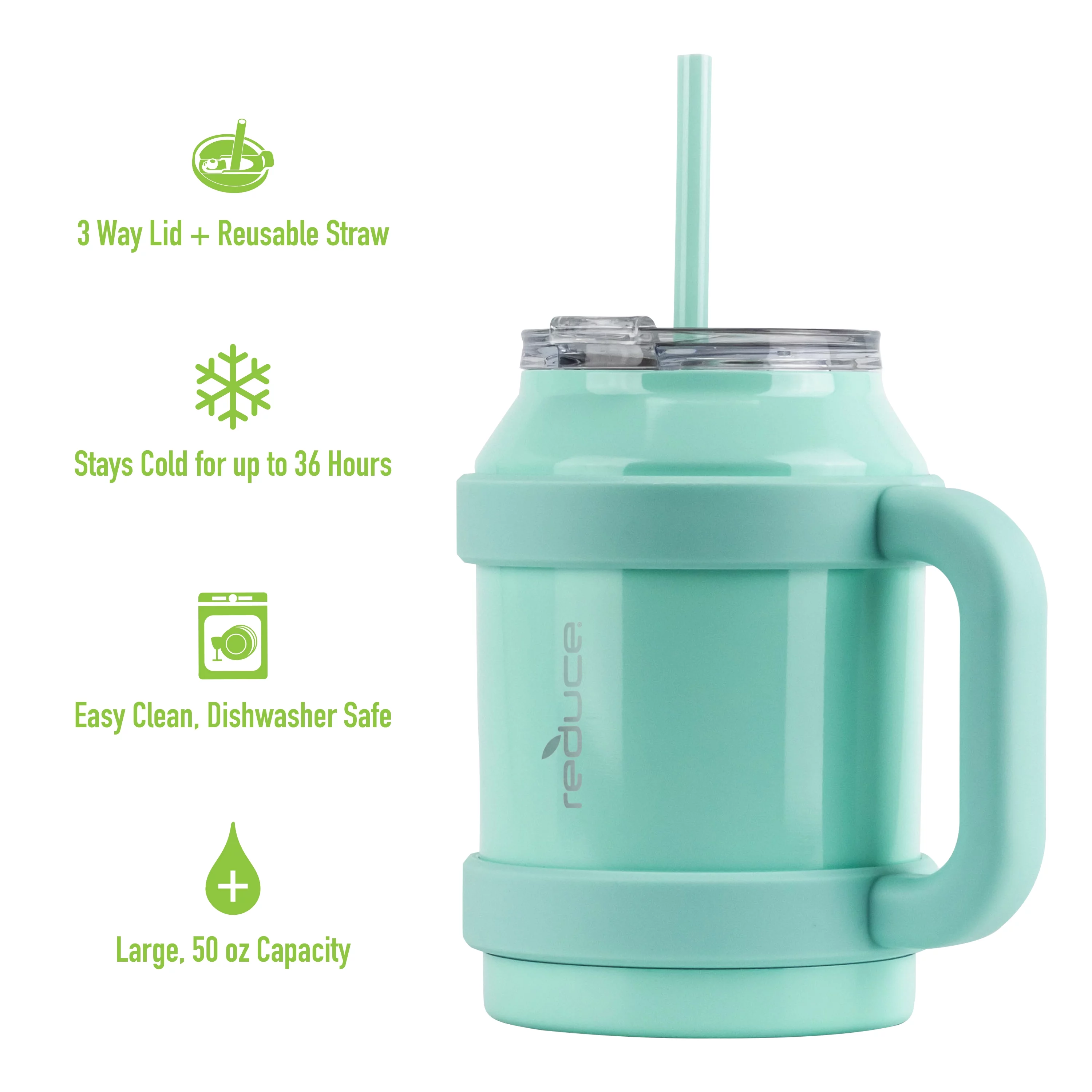 Reduce Vacuum Insulated Stainless Steel Cold1 Mug with Lid and Straw, Mild Mint, 50 fl oz