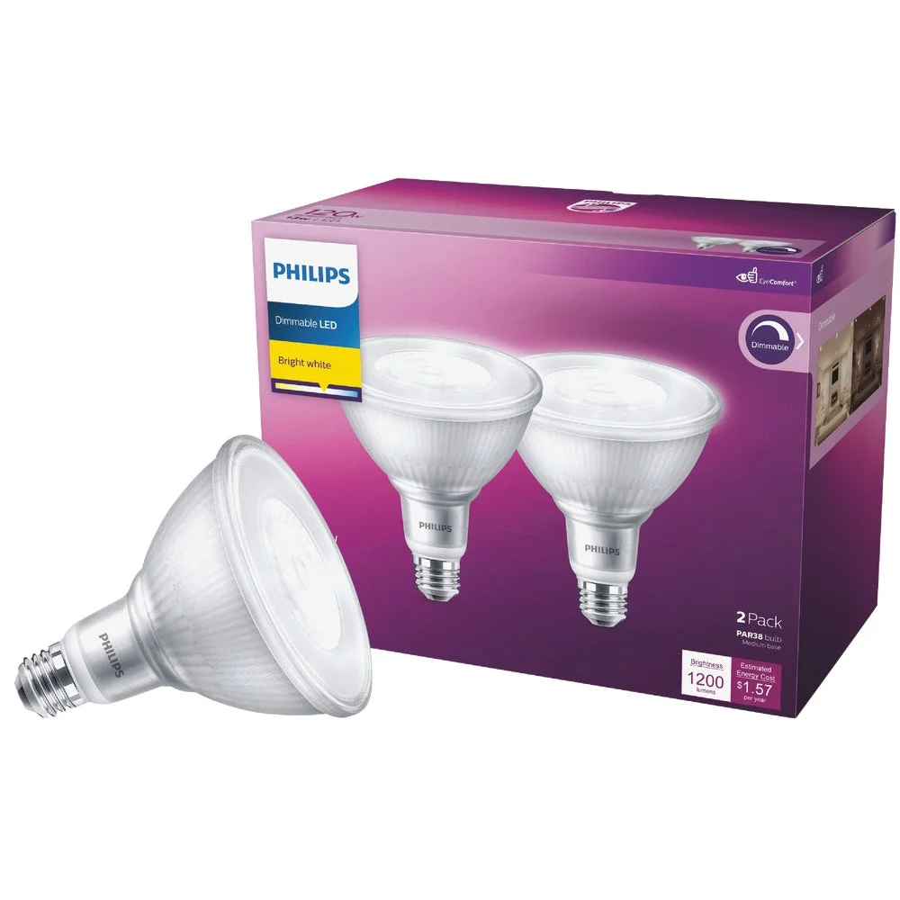 1 PK, Philips 120W Equivalent Bright White PAR38 Medium Indoor/Outdoor LED Floodlight Light Bulb (2-Pack)