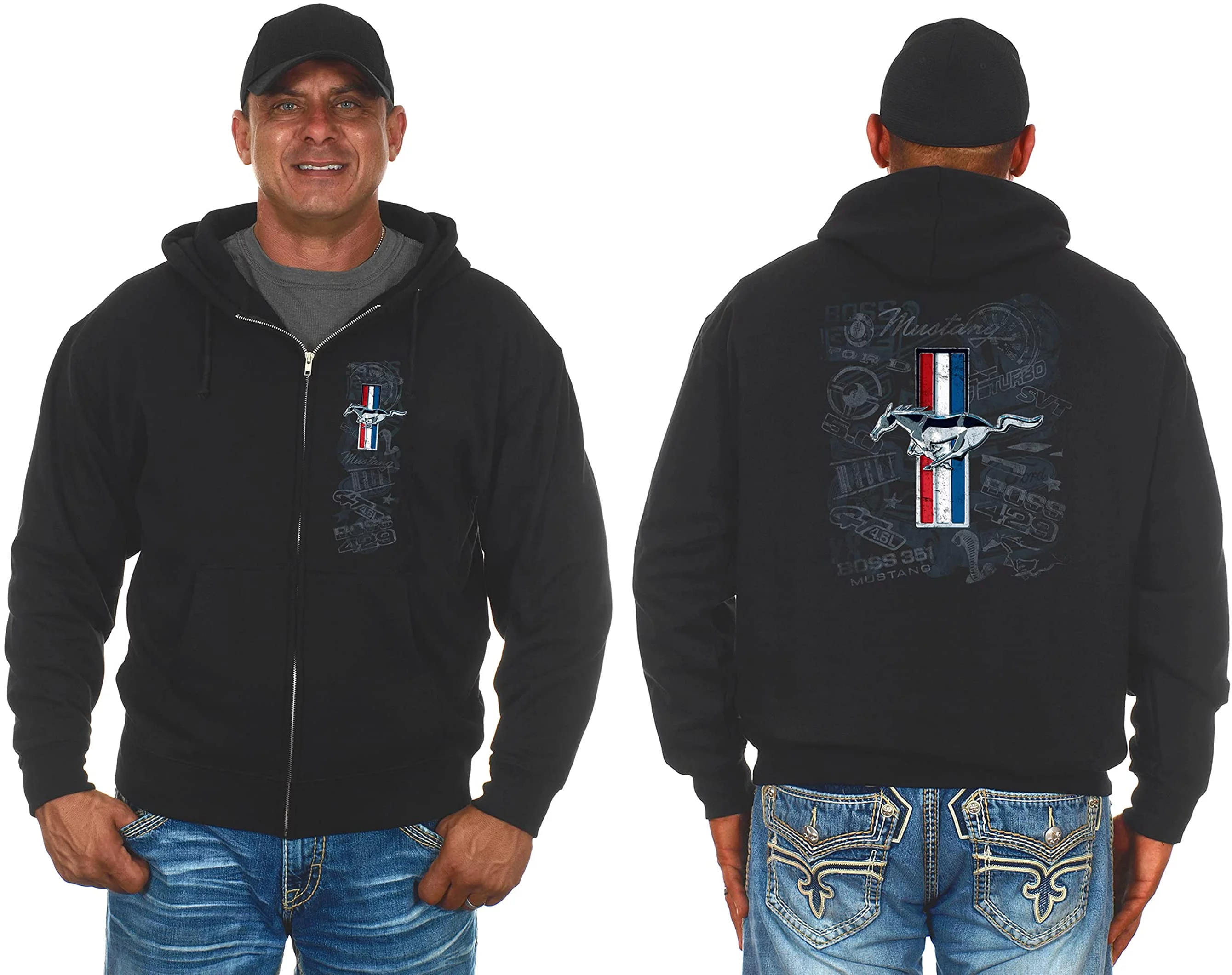 JH Design Group Mens Ford Mustang Tri-Bar Pony Distressed Collage Zip-Up Hoodie