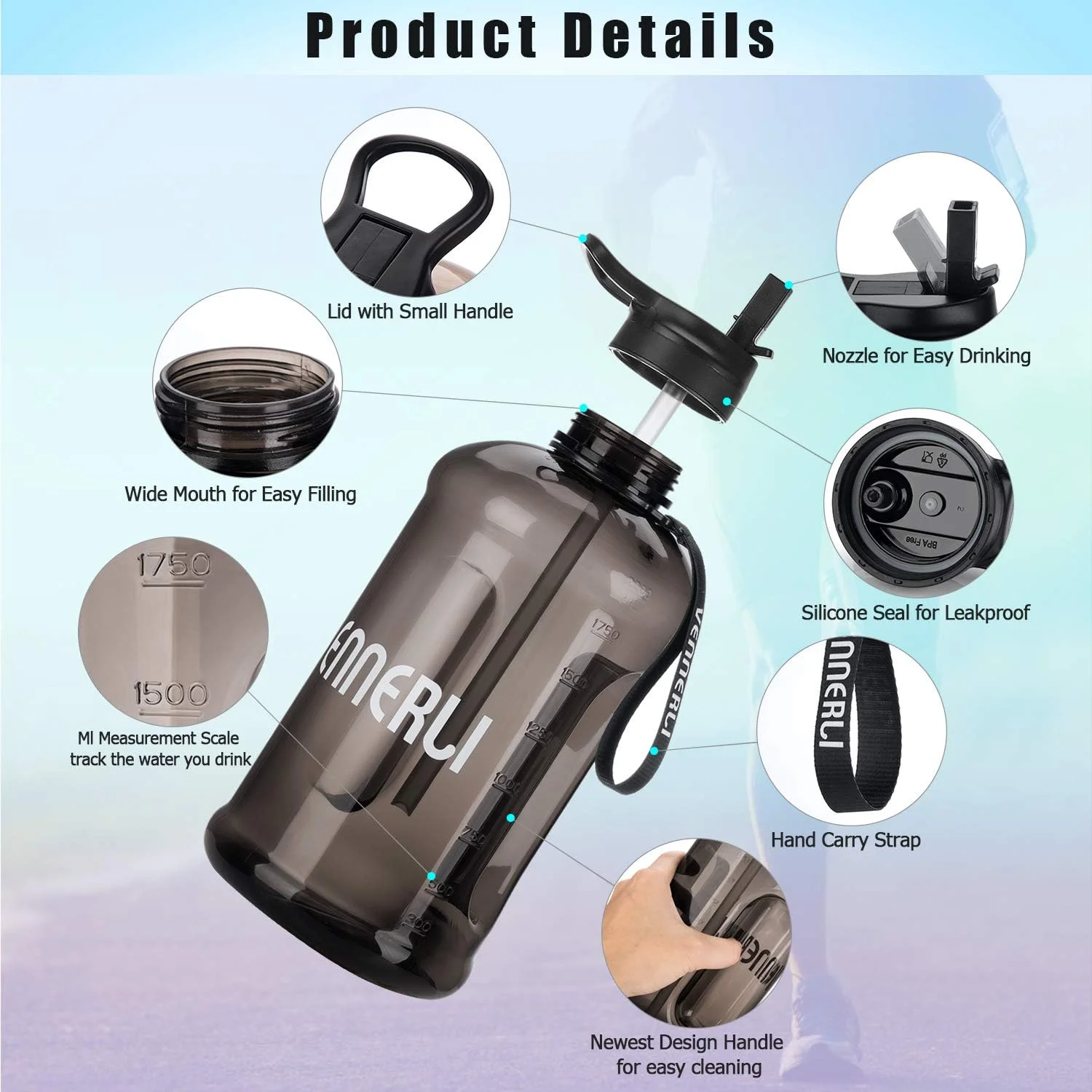 VENNERLI Half Gallon Water Bottle with Handle BPA Free Sports Water Bottles 74oz Large Plastic Water Jug with Straw 2.2L Motivational Water Bottle with Straw for Outdoor Hiking Camping Running