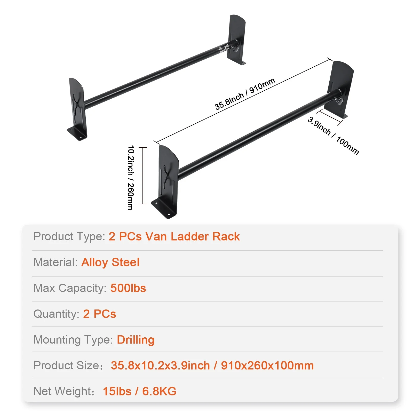 BENTISM 2 Bars Van Roof Ladder Rack 500 lbs Adjustable 35.8