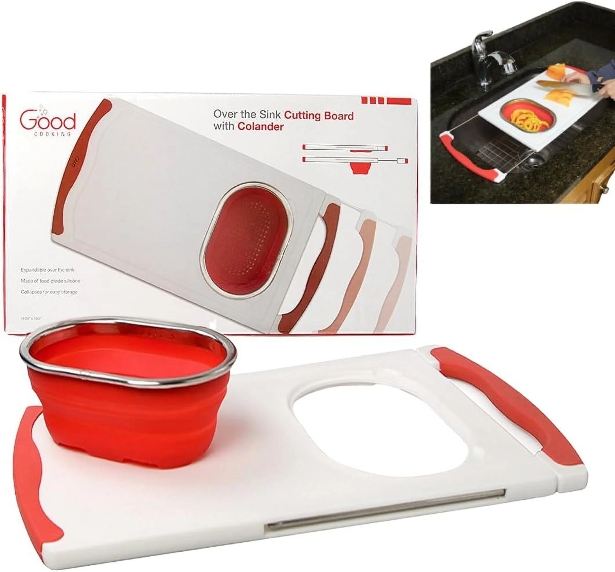 Over the Sink Cutting Board with Collapsible Colander and Extra Long Extension by Good Cooking