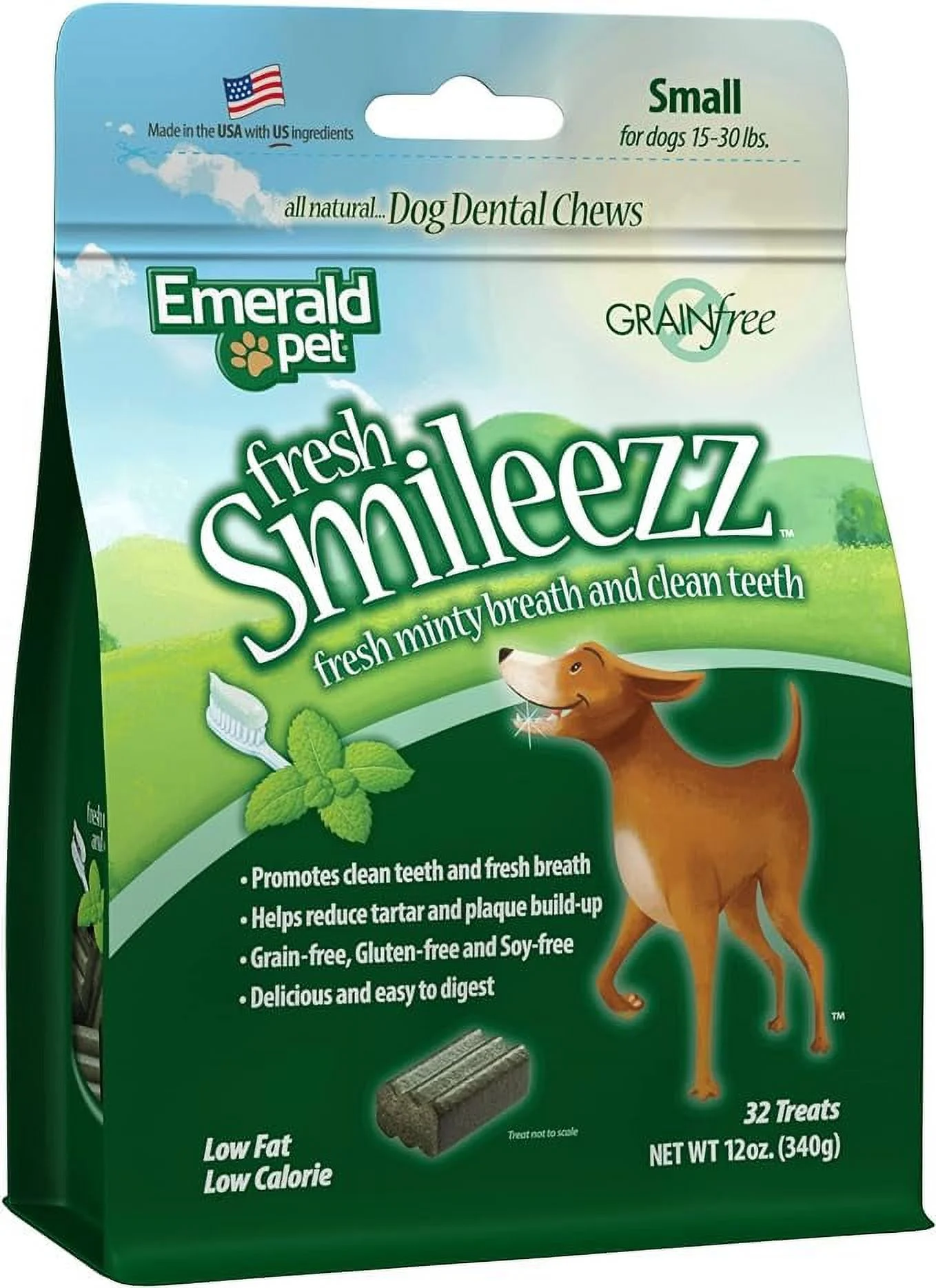 Emerald Pet Fresh Smileezz Grain Free Dog Dental Treats — Minty Fresh Breath and Clean Teeth for Puppies and Small Dog Breeds — Made in USA Small, 12 Oz