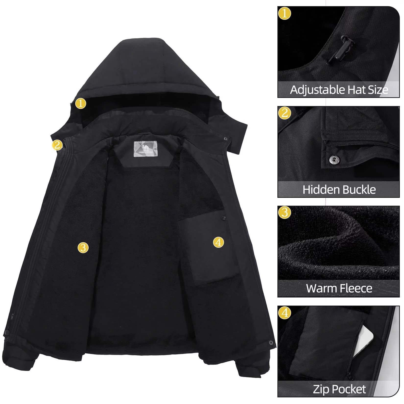 CAMEL CROWN Winter Jacket Women Snow Ski Jacket Waterproof Outerwear Mountain Warm Coat with Hood Windbreaker Anorak Coat Outdoor Clothing Black XXL