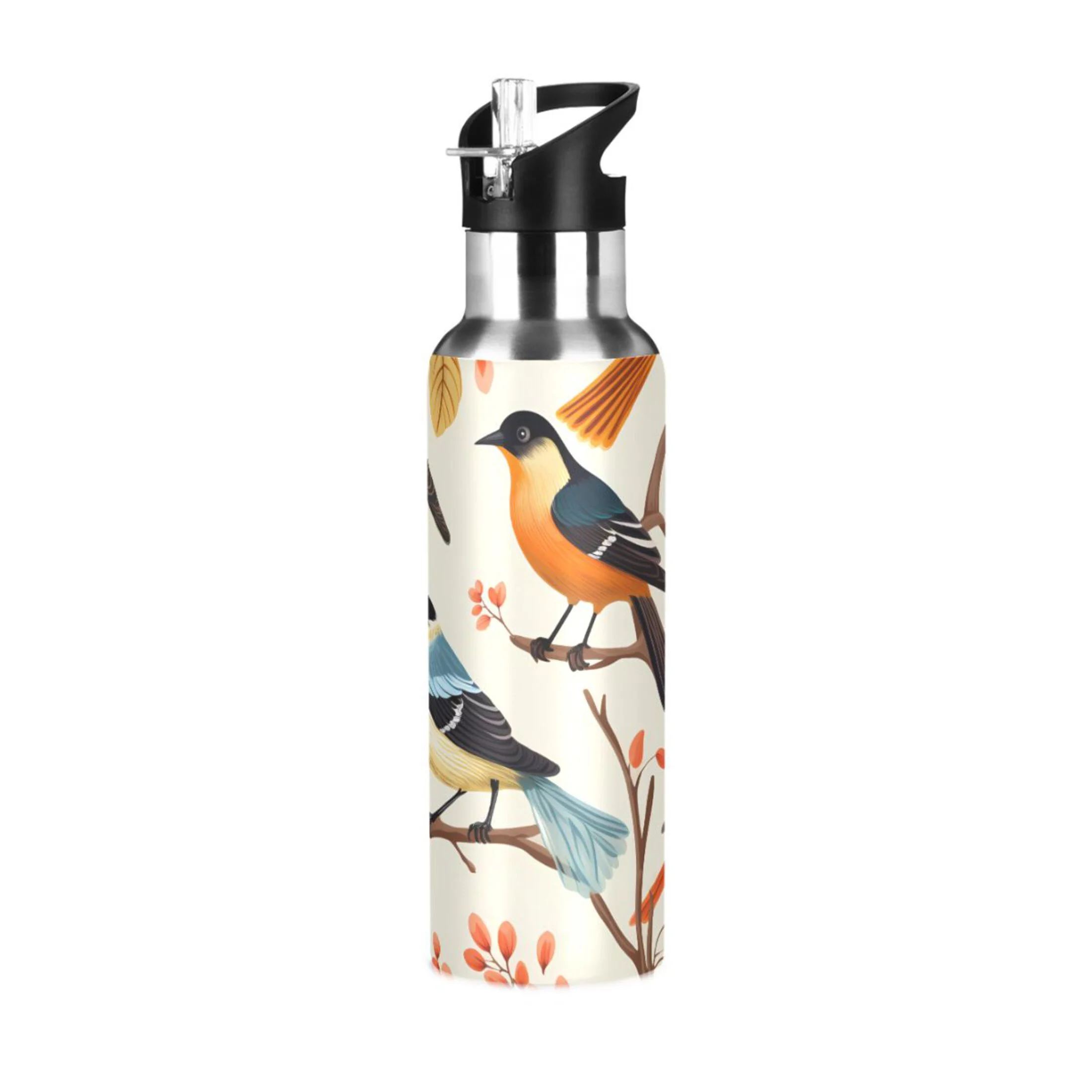 Different Cute Birds on Branch Water Bottles Insulated Thermos Kids Stainless Steel Bottle with Straw Lid Flask Leakproof for Sports Gym 20 oz