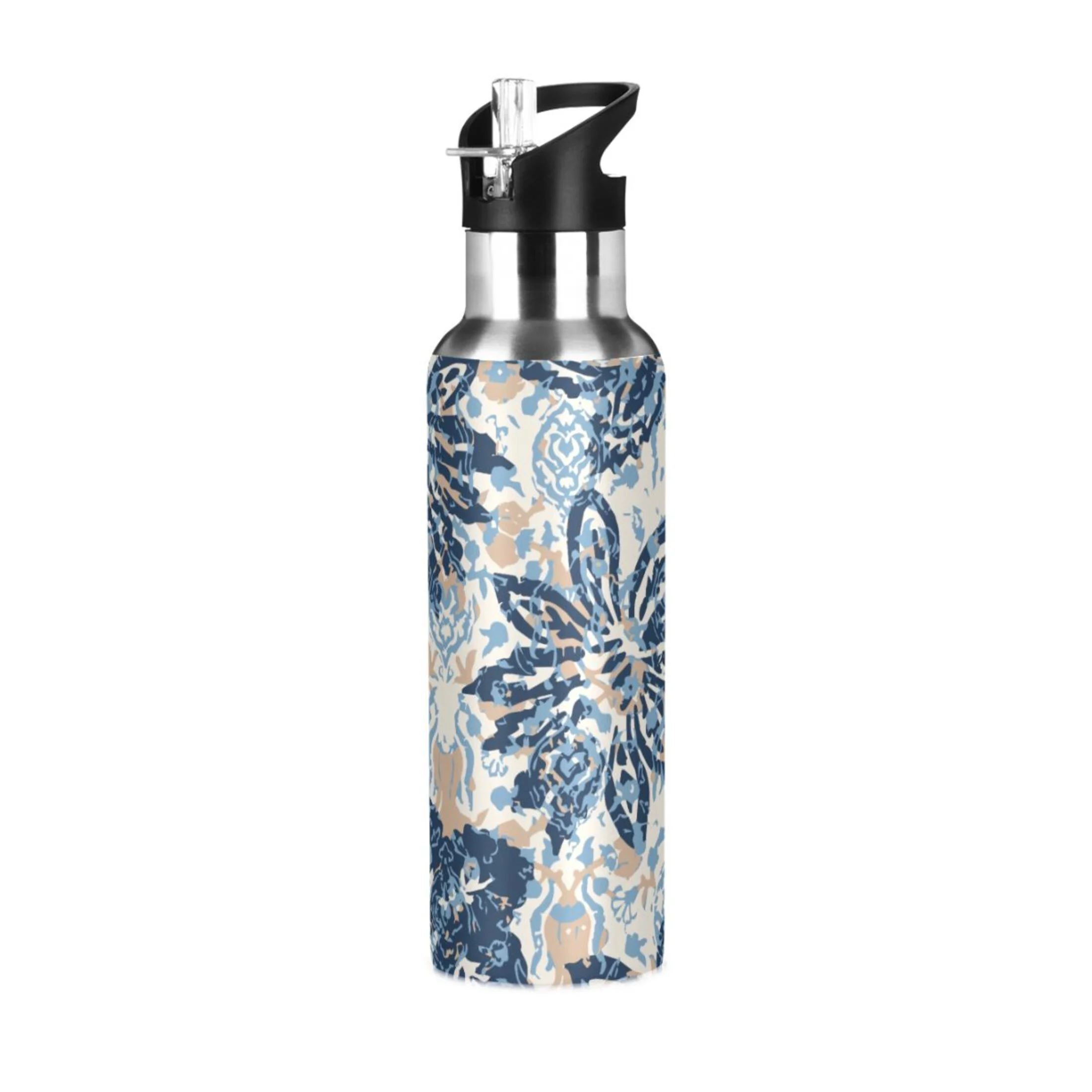 Water Bottle with Straw Lid Leak Floral and Paisley Flowers Stainless Steel Insulated Thermos Vacuum Flask for Cold Hot Drinking for Sports Camping Gym Yoga