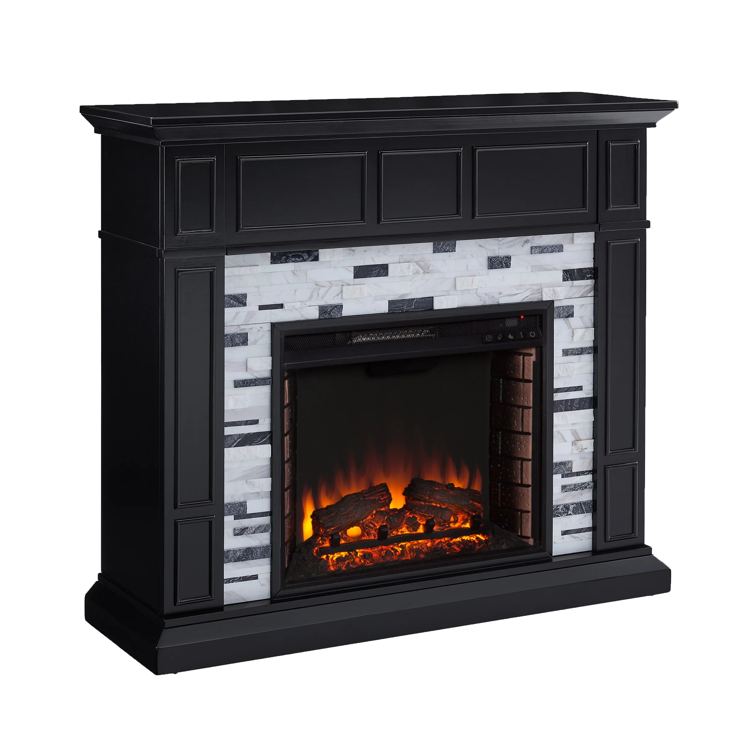 SEI Furniture Frescan Freestanding Marble Electric Fireplace in Black with White and Gray Marble