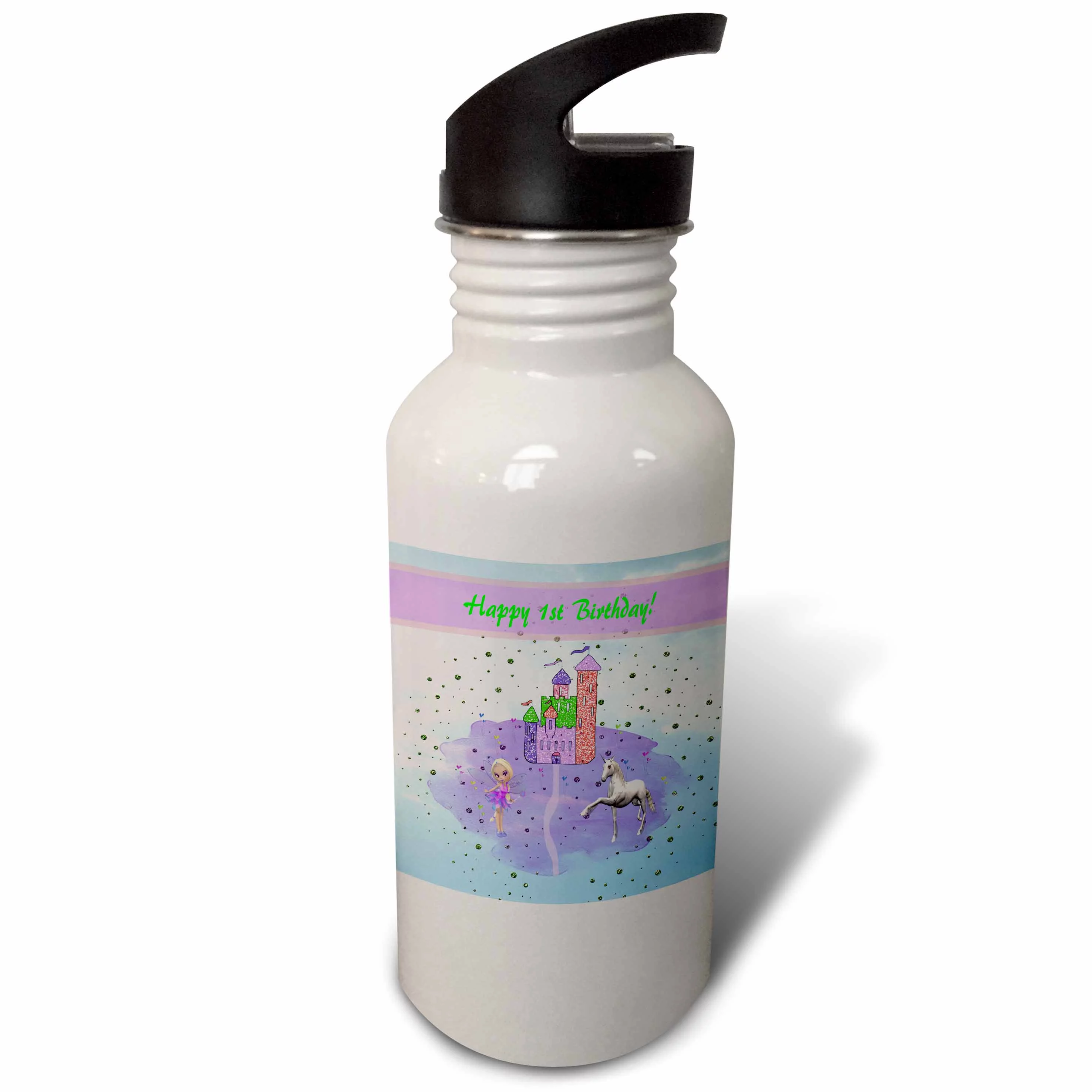 Glitter Look Castle with Fairy Princess and Unicorn, Happy 1st Birthday 21 oz Sports Water Bottle wb-180768-1