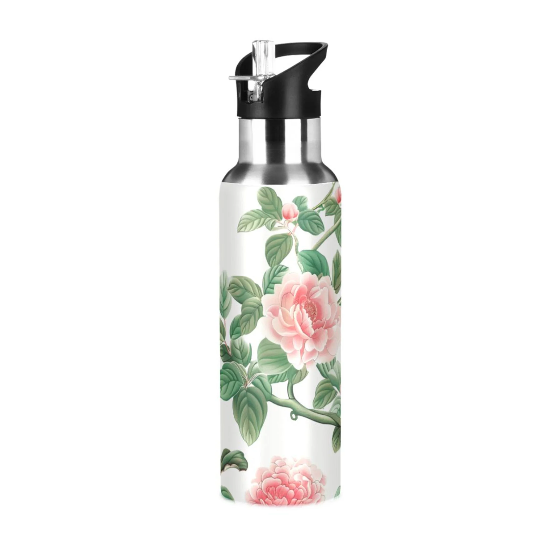 Peony Flowers with Leaves Water Bottles Insulated Thermos Kids Stainless Steel Bottle with Straw Lid Flask Leakproof for Sports Gym 20 oz