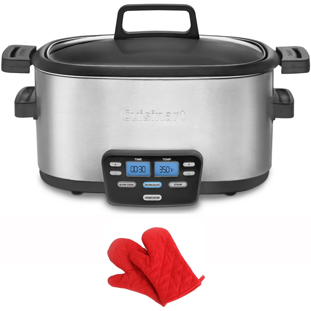 Cuisinart MSC-600 6 Quart 3-In-1 Cook Central Multicooker Slow Cooker Steamer Bundle with Deco Chef Pair of Red Heat Resistant Oven Mitt