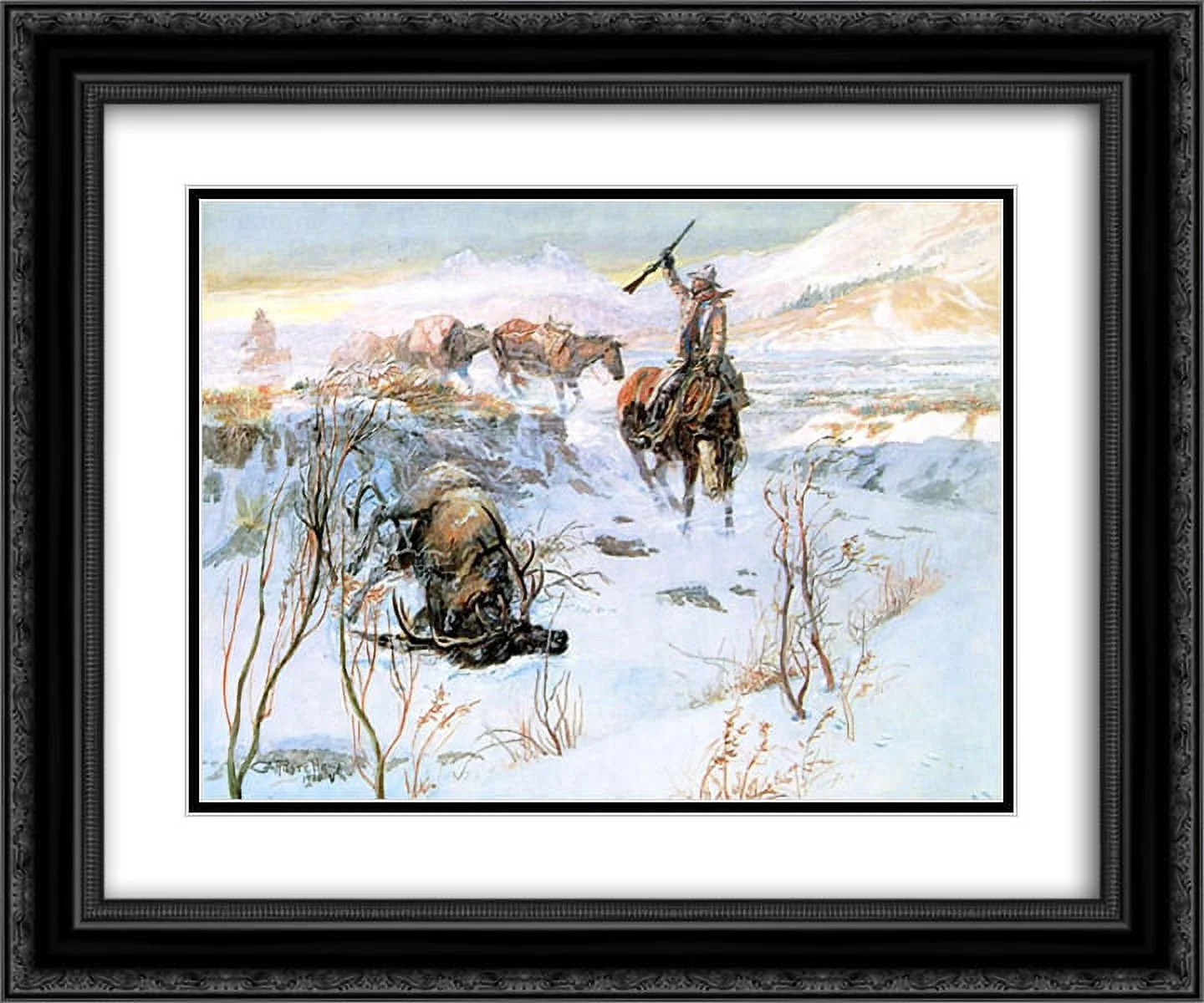 Charles M. Russell 2x Matted 24x20 Black Ornate Framed Art Print 'Christmas Dinner for the Men on the Trail '