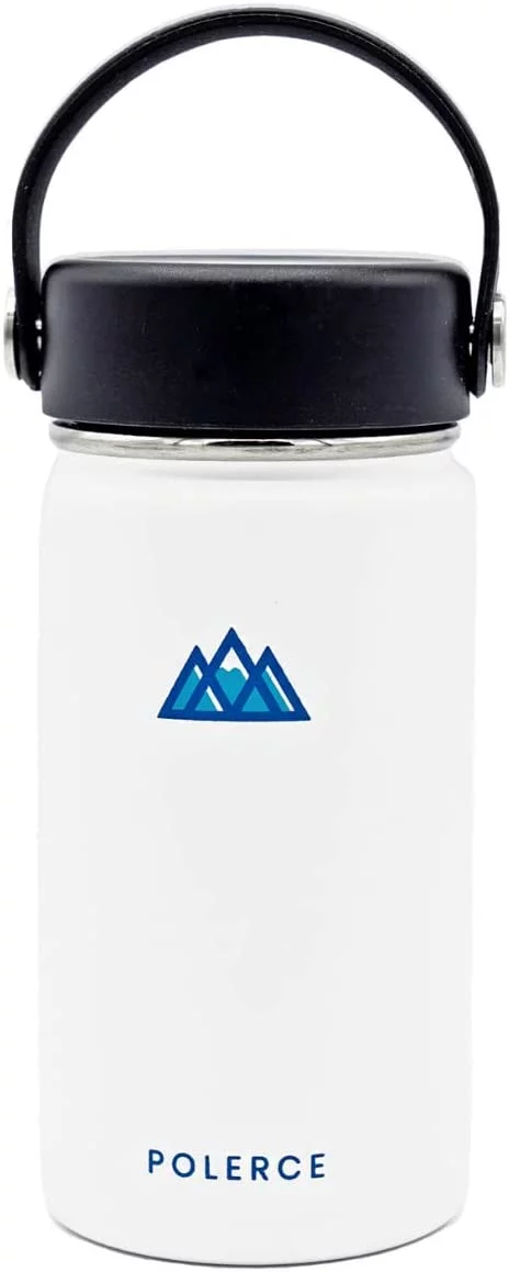Polerce Sports Vacuum Insulated Water Bottle - Stainless Steel Double Wall Stays Hot or Stays Cold - Coffee Thermos - 12 Oz - White