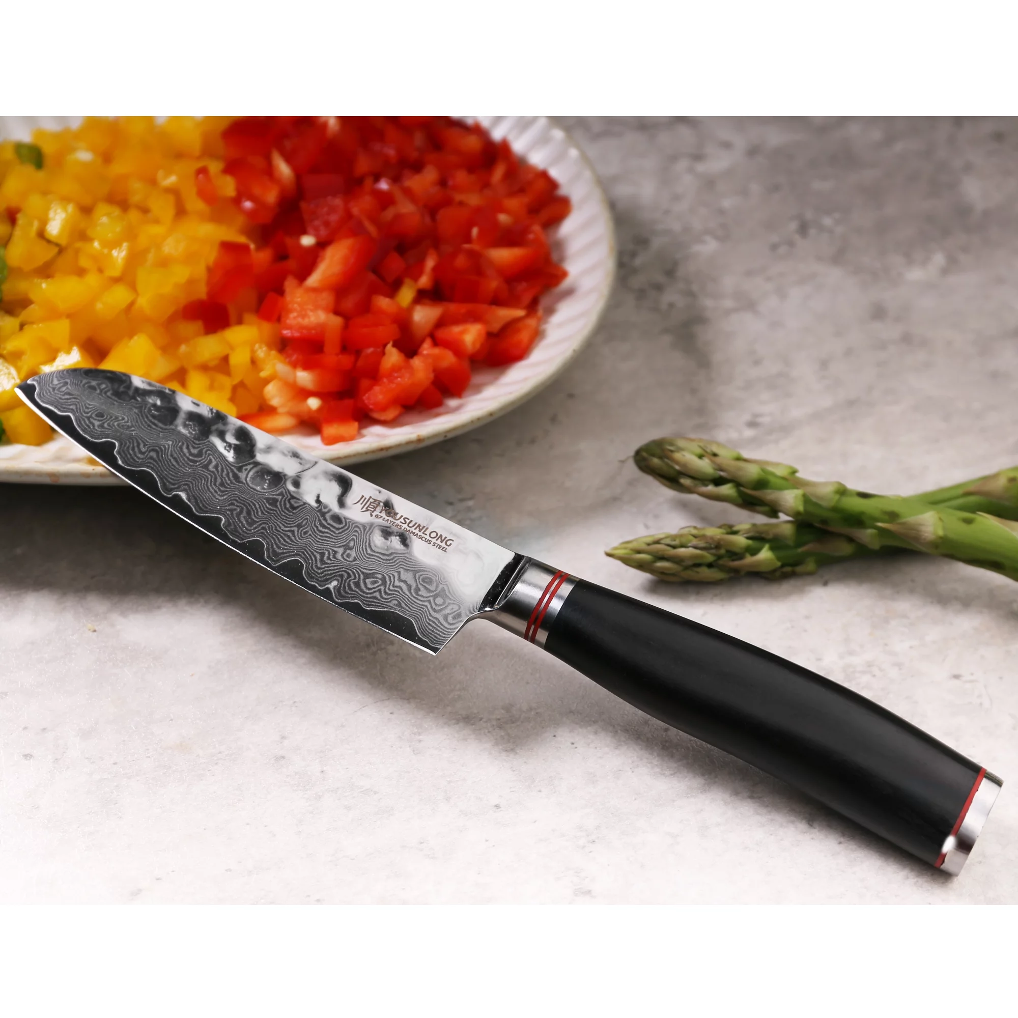 YOUSUNLONG Santoku Knife 5 Inch - Japanese Hammered Damascus Steel Cutlery Kitchen Knife