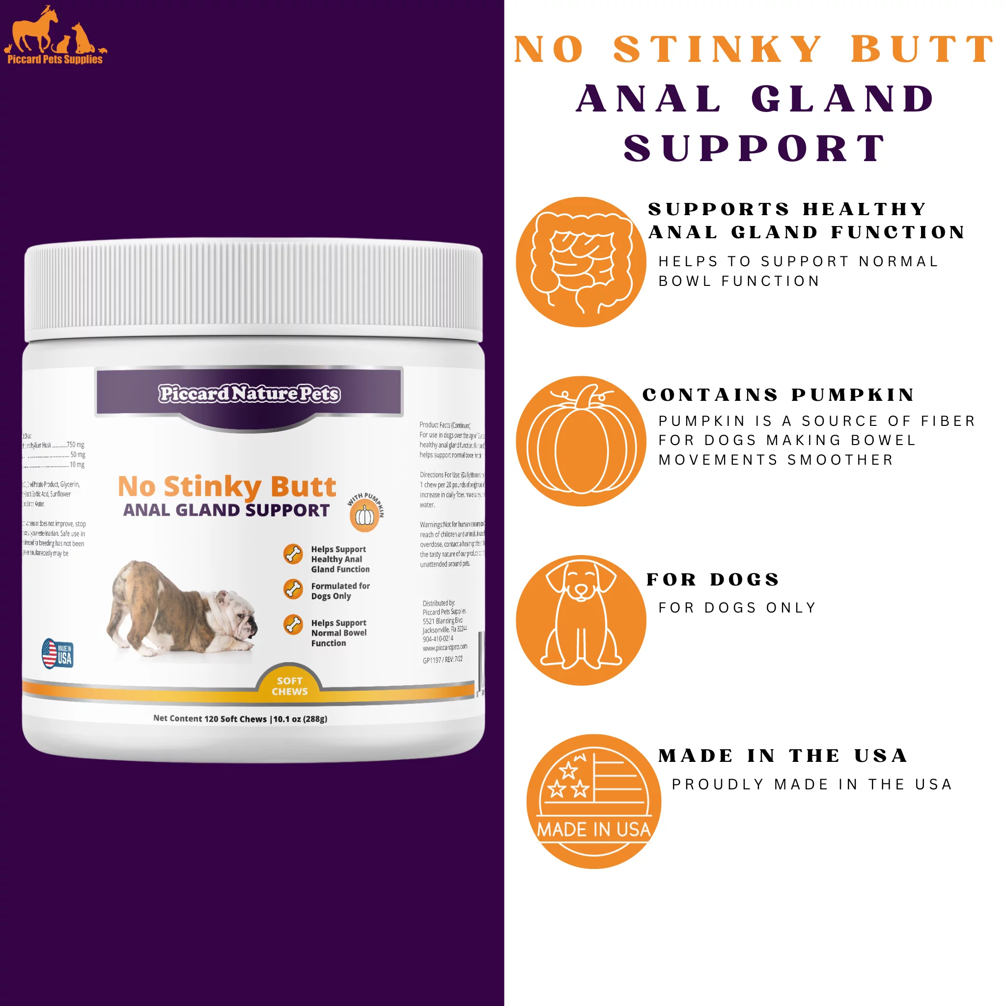 Piccardnaturepets No Stinky Butt Anal Gland Support for Dogs 120ct Soft Chews