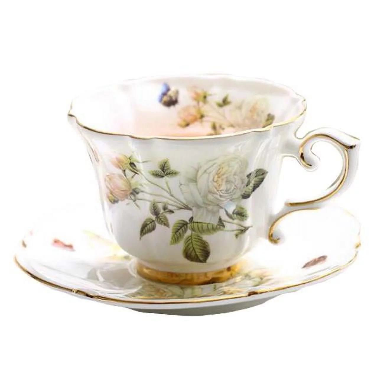 7.4 oz White Rose European Style Porcelain Tea Cup & Saucer Set for Afternoon Tea, Multi Color