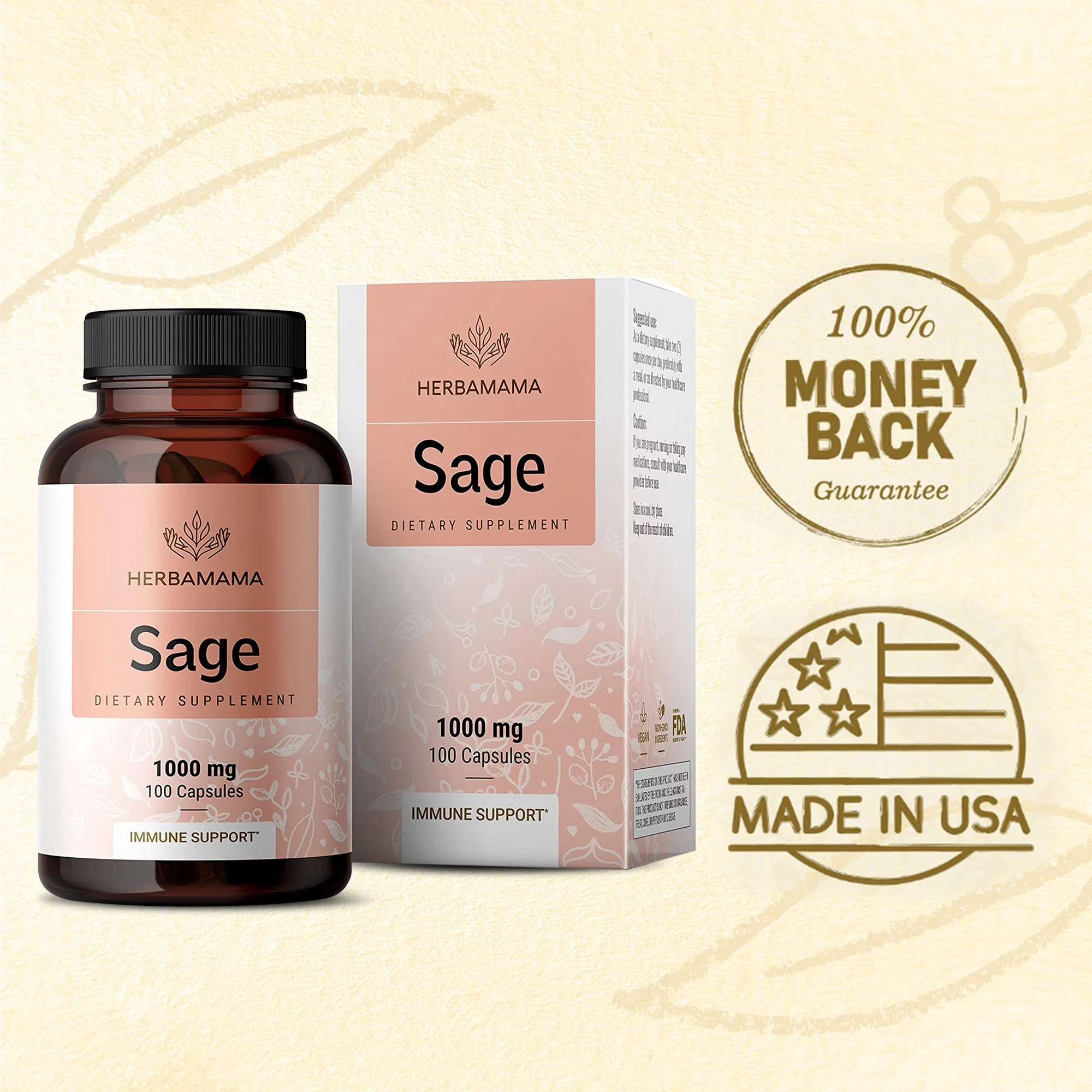 HERBAMAMA Sage Capsules - Brain Function, Immunity & Digestive Wellness, 100 Caps