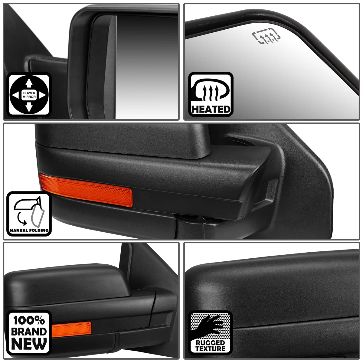 DNA Motoring TWM-019-T111-BK-R For 2004 to 2014 F150 Black Powered Heated Signal Glass + Manual Folding Side Towing Mirror (Right / Passenger)