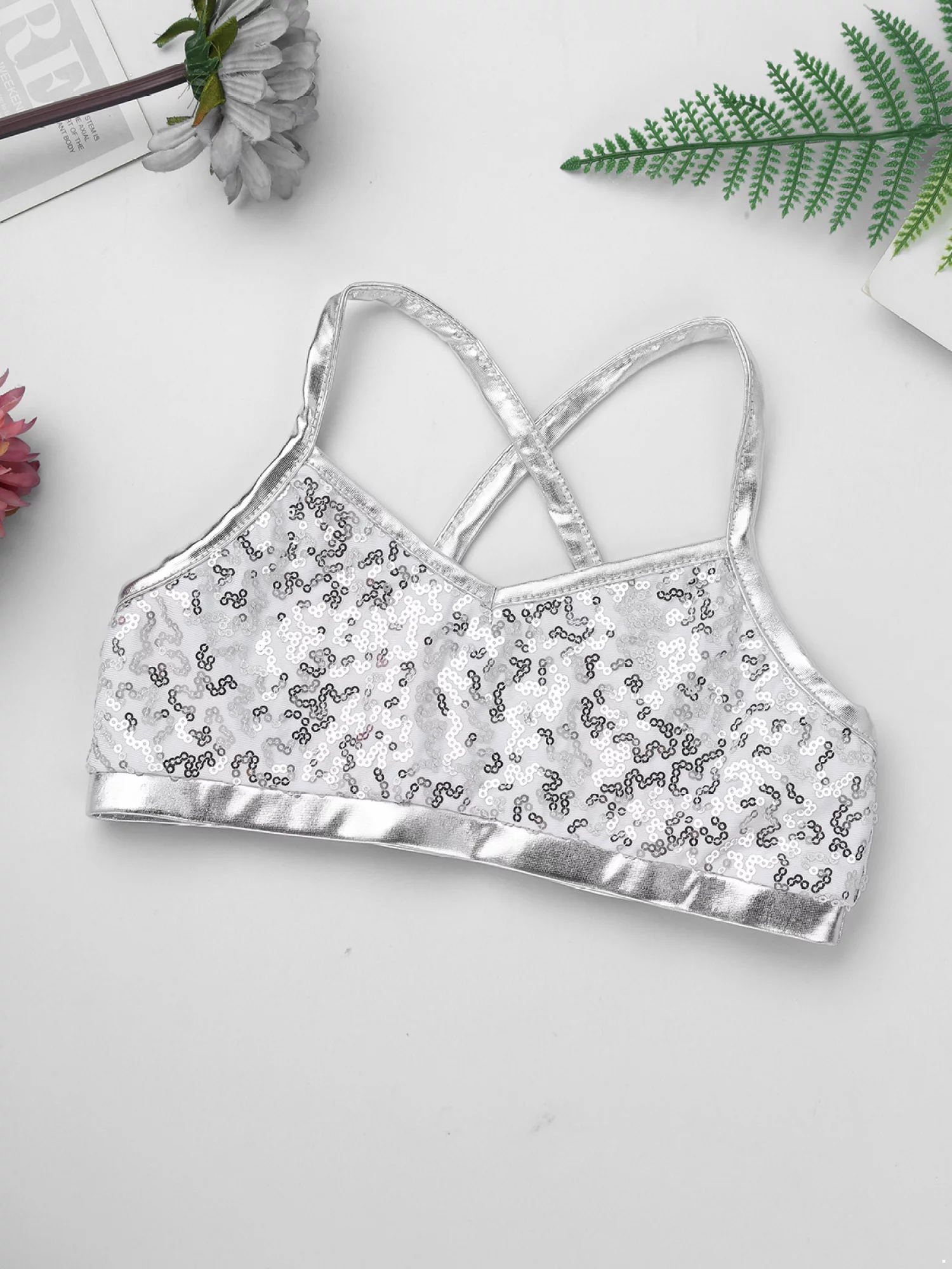 iEFiEL Kids Girls Sequins 2Pcs Ballet Dance Outfit Crop Top with Metallic Bottoms Set Silver 8