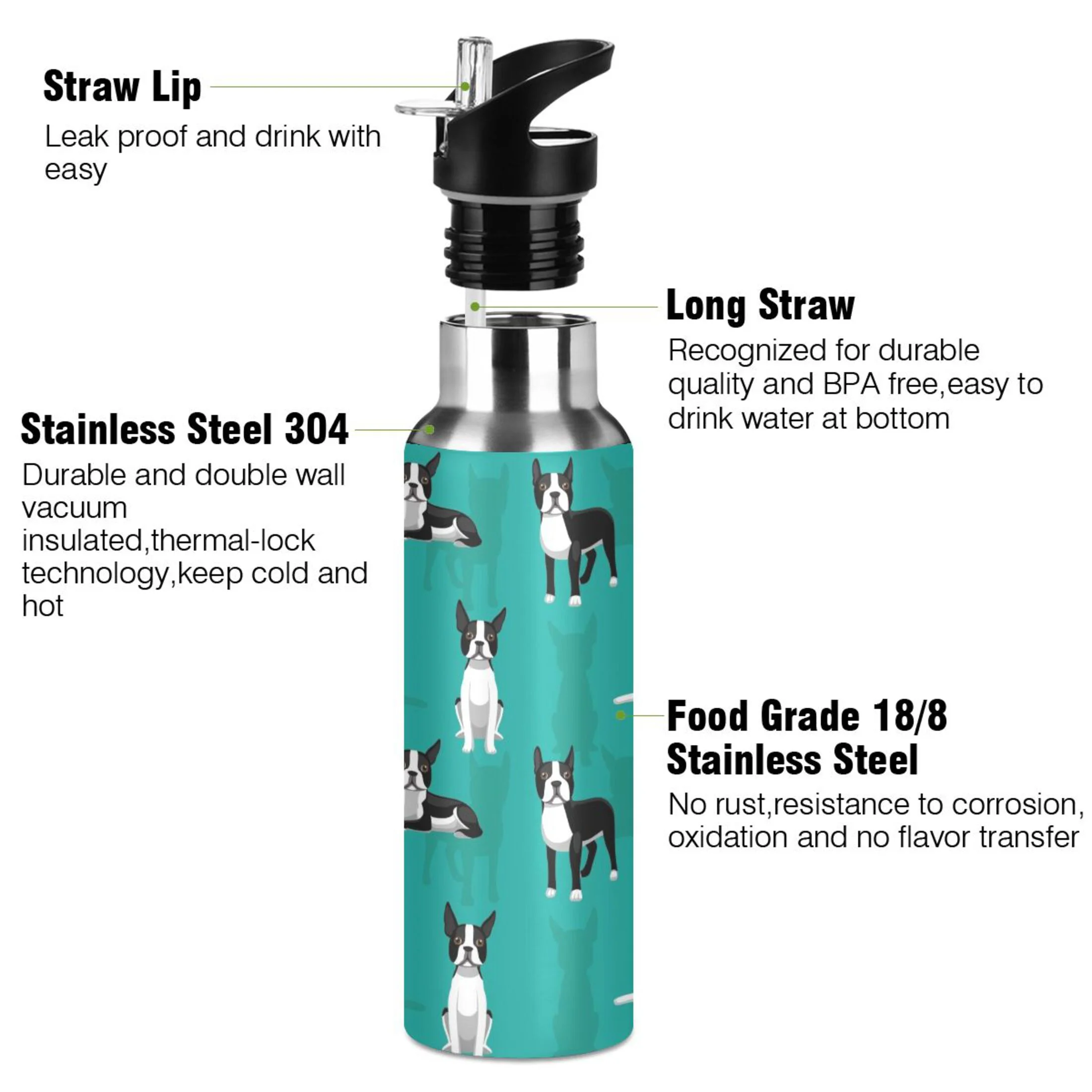 Water Bottle with Straw Lid Leak Cute Dogs Stainless Steel Insulated Thermos Vacuum Flask for Cold Hot Drinking for Sports Camping Gym Yoga