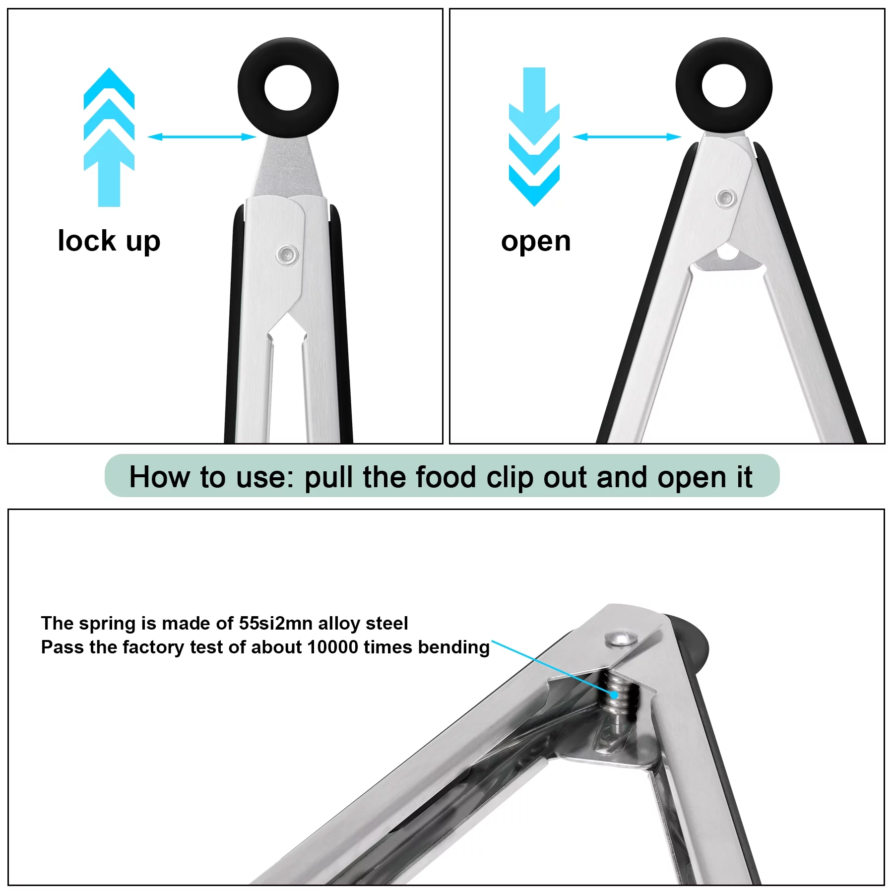 4in1 Stainless Steel Kitchen Food Tongs Set for Cooking with BPA Free Silicone Tips, Toaster Steak Pie Pizza Pasta Spaghetti Noodles Salad Fruit Vegetable Grill BBQ Buffet Clamp Serving Tools Gadgets