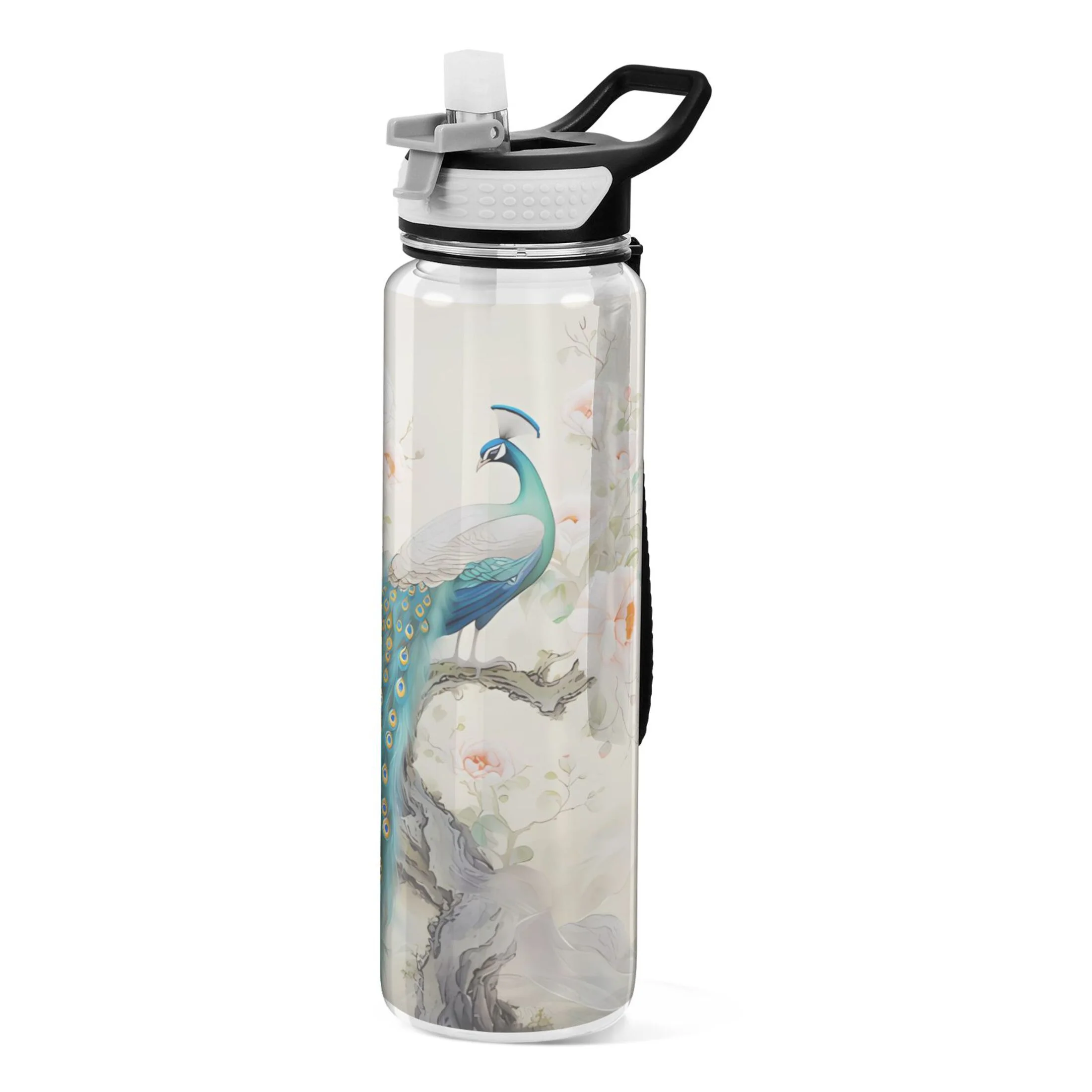Peacock and Flowers 32oz Water Bottles with Straw Tritan Leakproof Sports Bottle BPA Free Clear for Fitness Gym Swimming Cycling