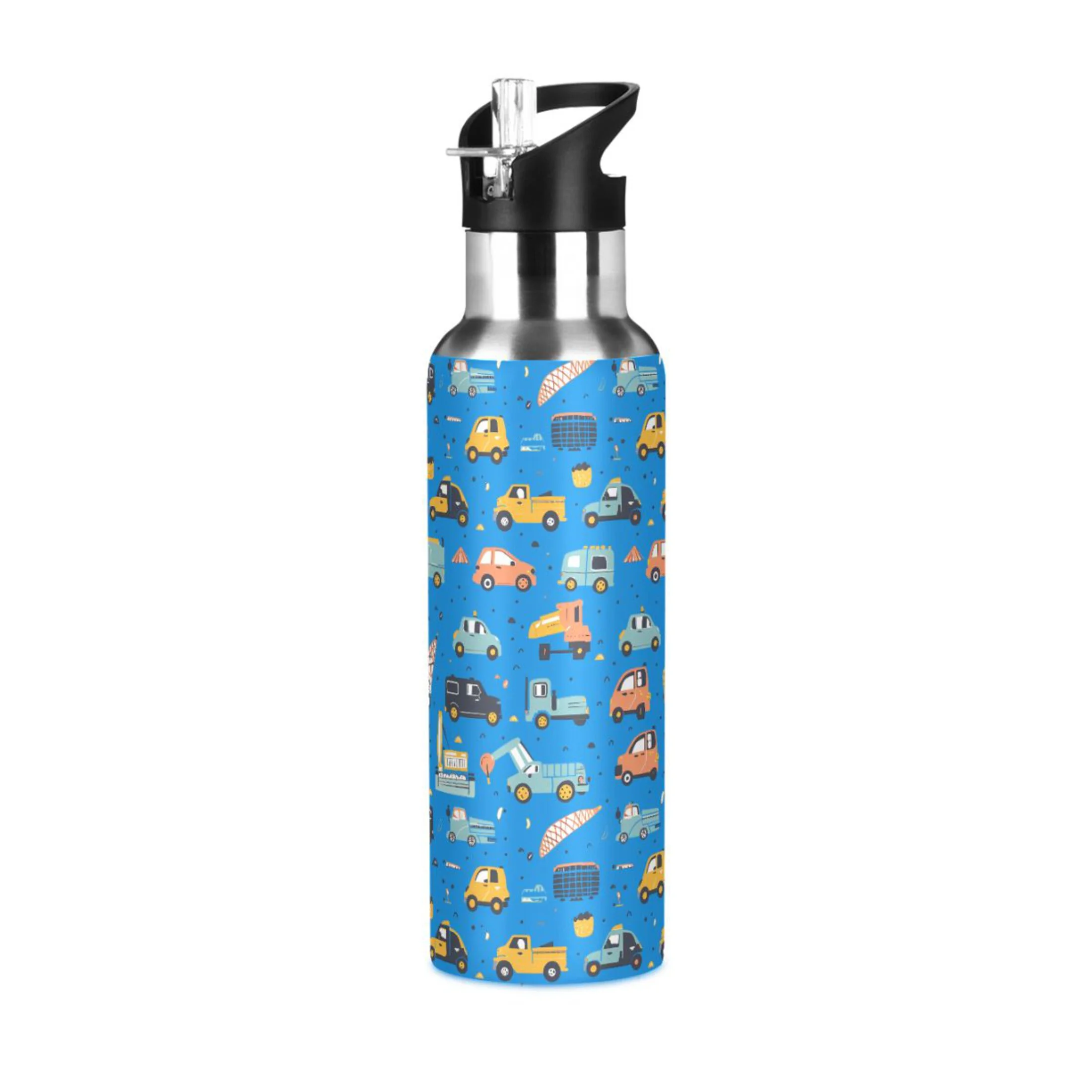 Cartoon Car Trucks Water Bottles Insulated Thermos Kids Stainless Steel Bottle with Straw Lid Flask Leakproof for Sports Gym 20 oz