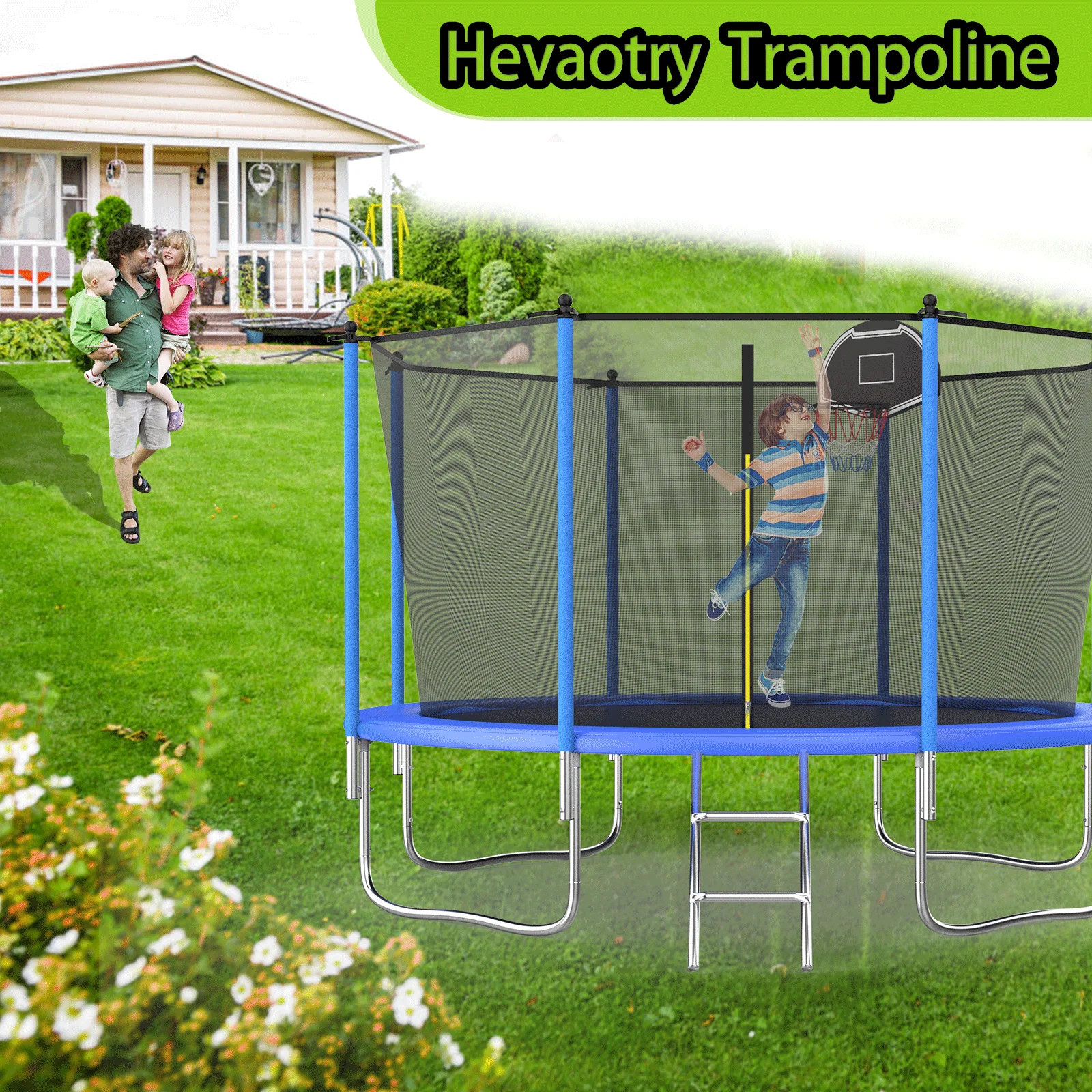 HEVAOTRY Kids Trampoline 10FT Round Trampoline with Basketball Hoop Safety Enclosure Net Ladder Padding-In Net