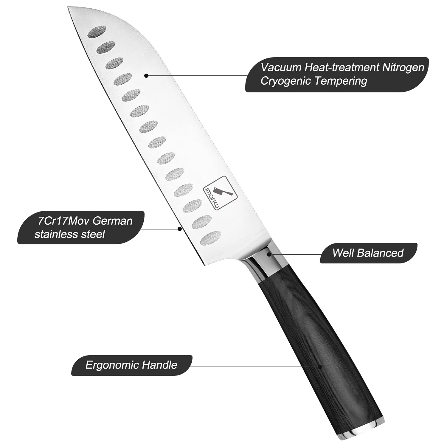 imarku | 7-inch Santoku Knife  Japanese Chef Knife German HC Stainless Steel 7Cr17Mov Ergonomic Pakkawood Handle Kitchen Knife - Black