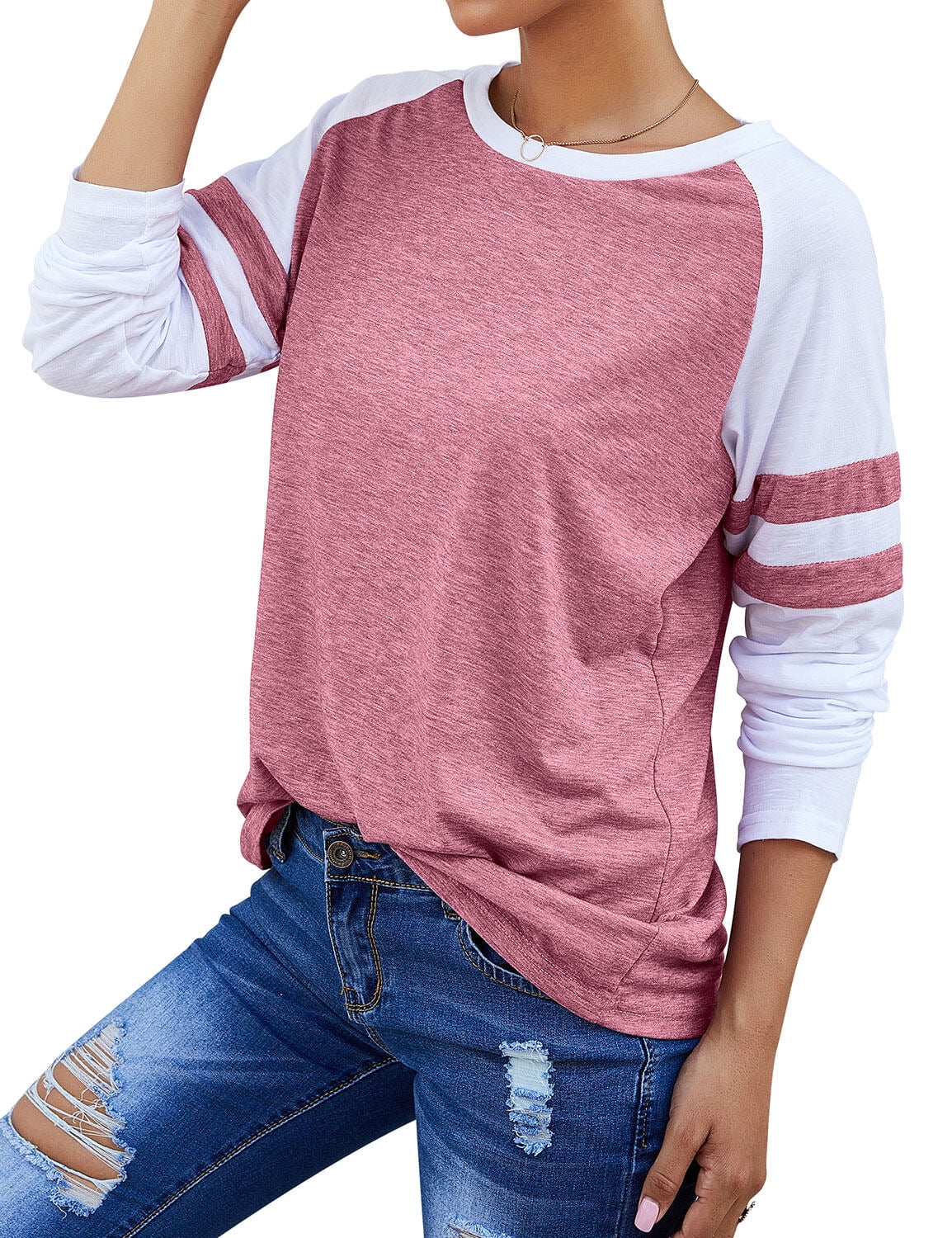 STARVNC Women Stripe Splice Long Sleeve Crew Neck Shirt