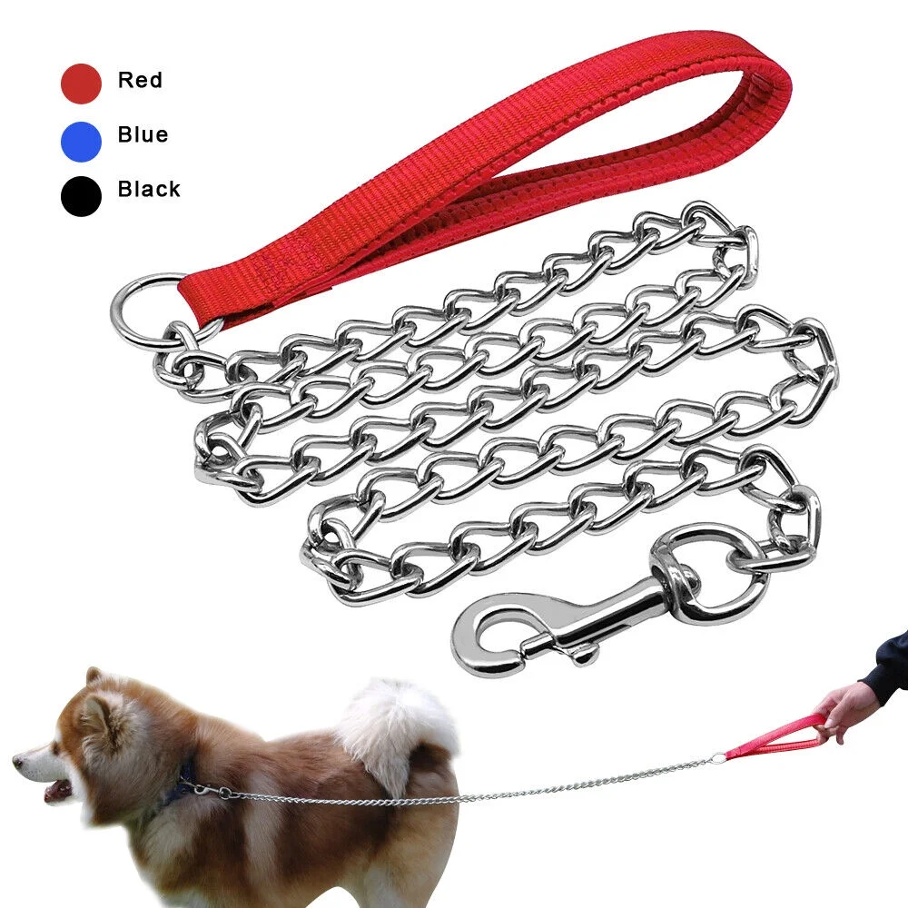 4ft Dog Chain Leash Heavy Duty Metal Walking Lead with Nylon Padded Handle Large