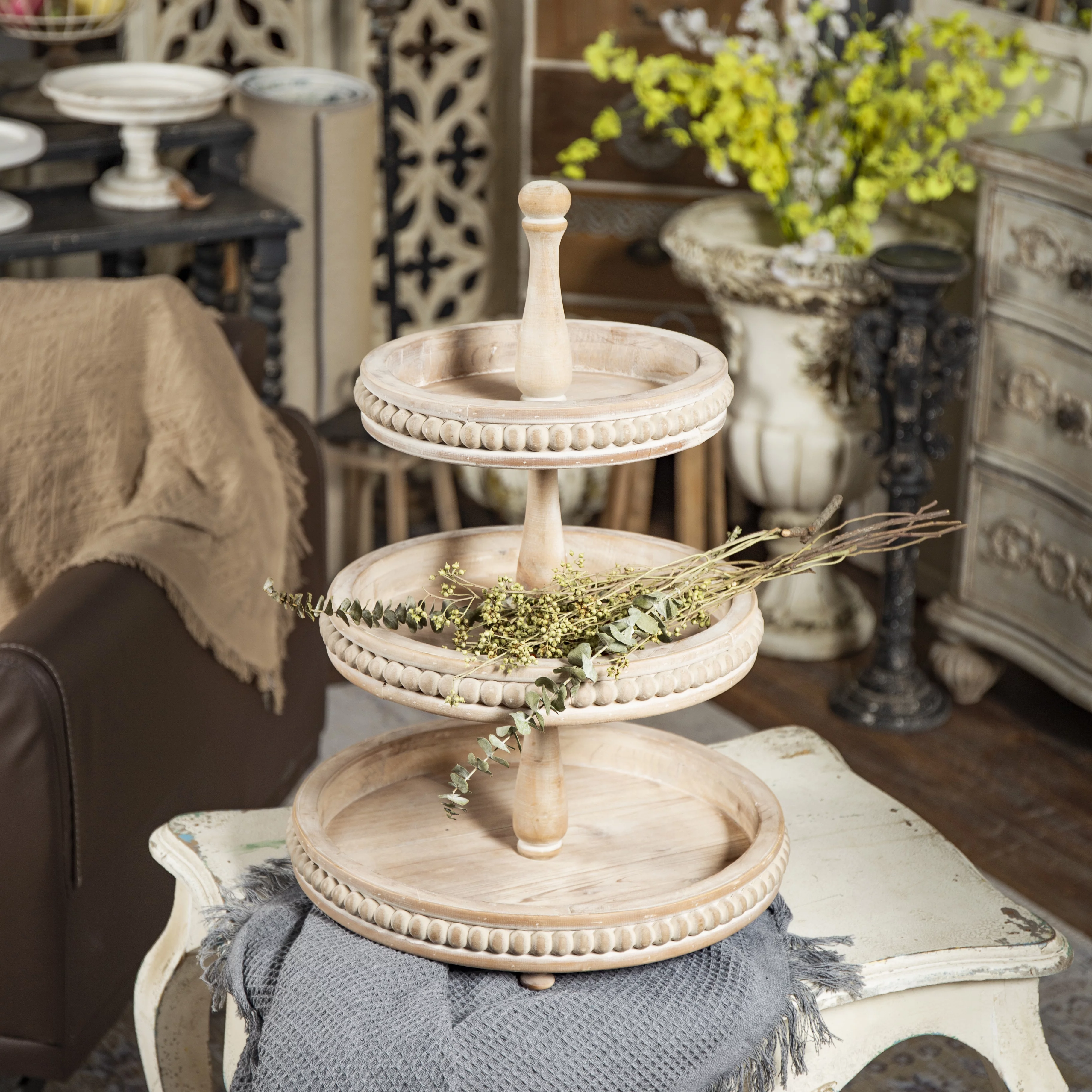 SOFE 3 Tier Tray-Famehouse Wooden Beaded Tier Trays Stand, Rustic Tiered Serving Tray, Wood Three Tiered Tray Decor Items for Cupcake Cake Fruit Dessert Stand